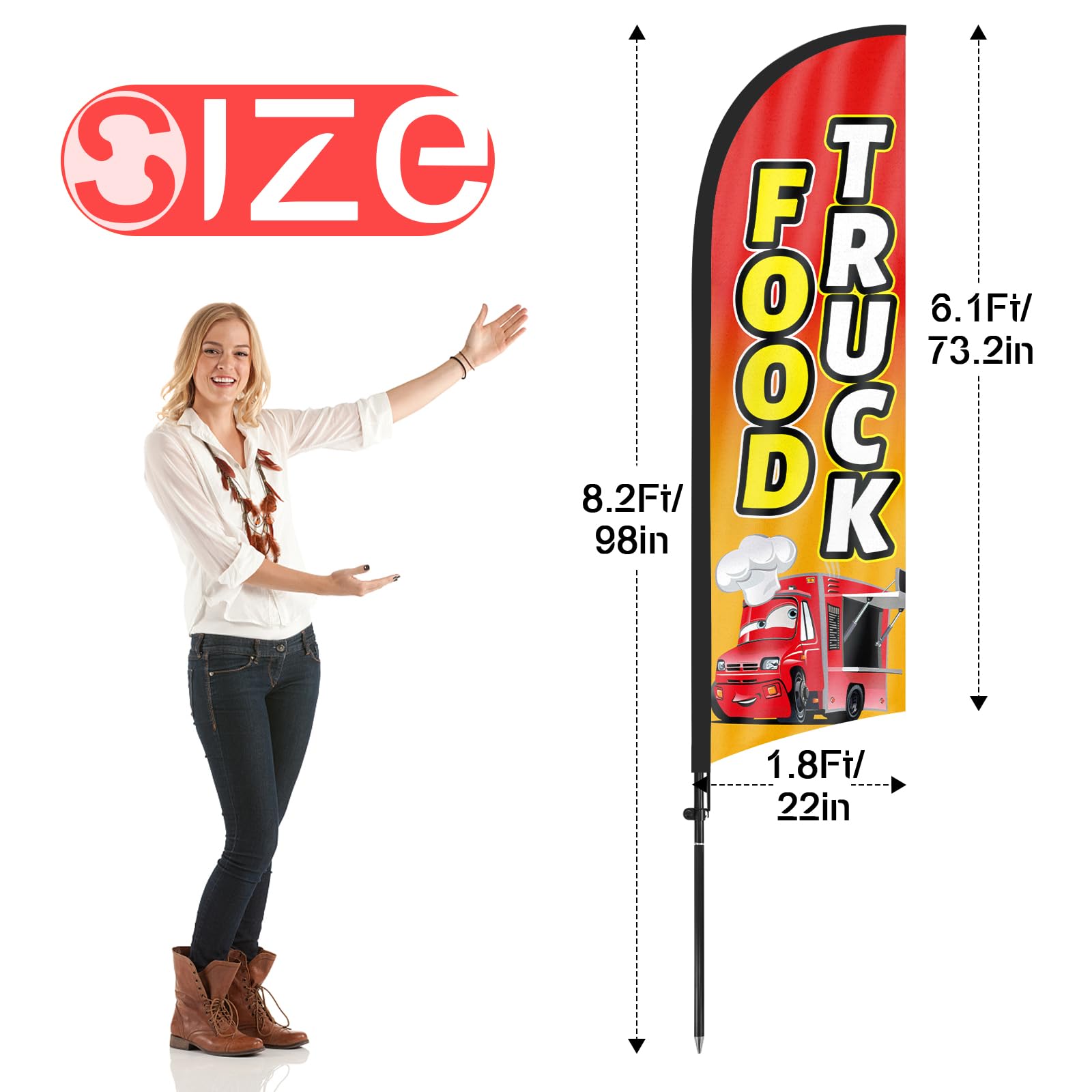 FSFLAG Food Truck Federflagge Mit Mast-Set – 250 Cm Hoch, Alu/Fiberglas-Mast, Erdspieß, Polyester-Flagge Für Außenwerbung