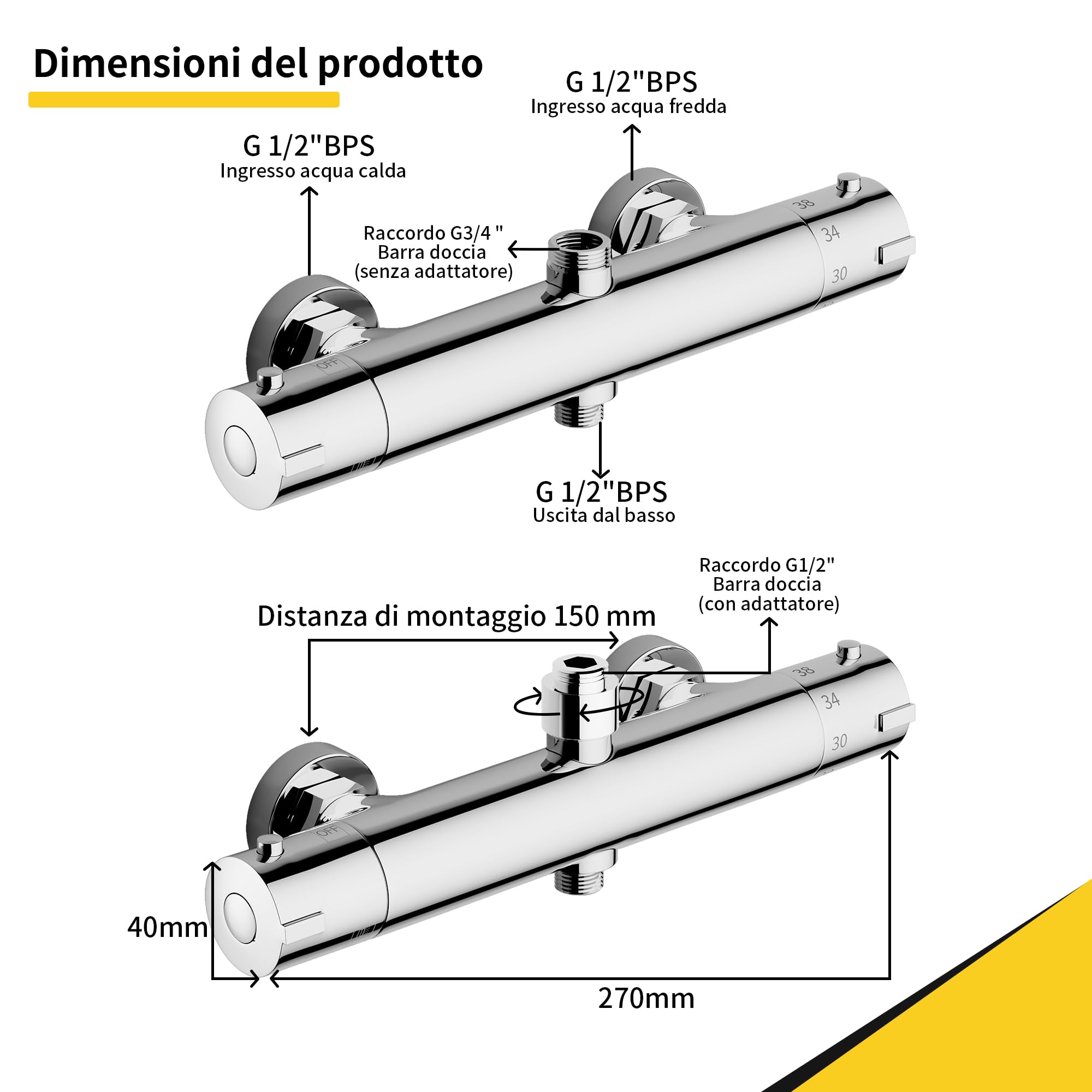MORADO Miscelatore Doccia, Miscelatore Termostatico Doccia Con 2 Uscite, Uscita Superiore 3/4" BSP (26.4mm) e Uscita Inferiore 1/2" BSP (21mm), Forma Rotonda, Ottone, Finitura Cromata