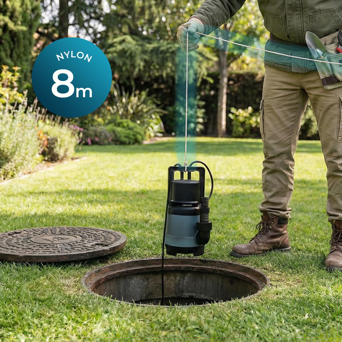 Cecotec Pompa per Acque Scure Axike 400 Dark. 400W, Portata 8000L/h, Altezza 5,5m, Profondità 7m, Particelle 25mm, Interruttore Galleggiante, IPX8, Cavo 10m, Corda 8m, Svuota Molto Velocemente Tutto