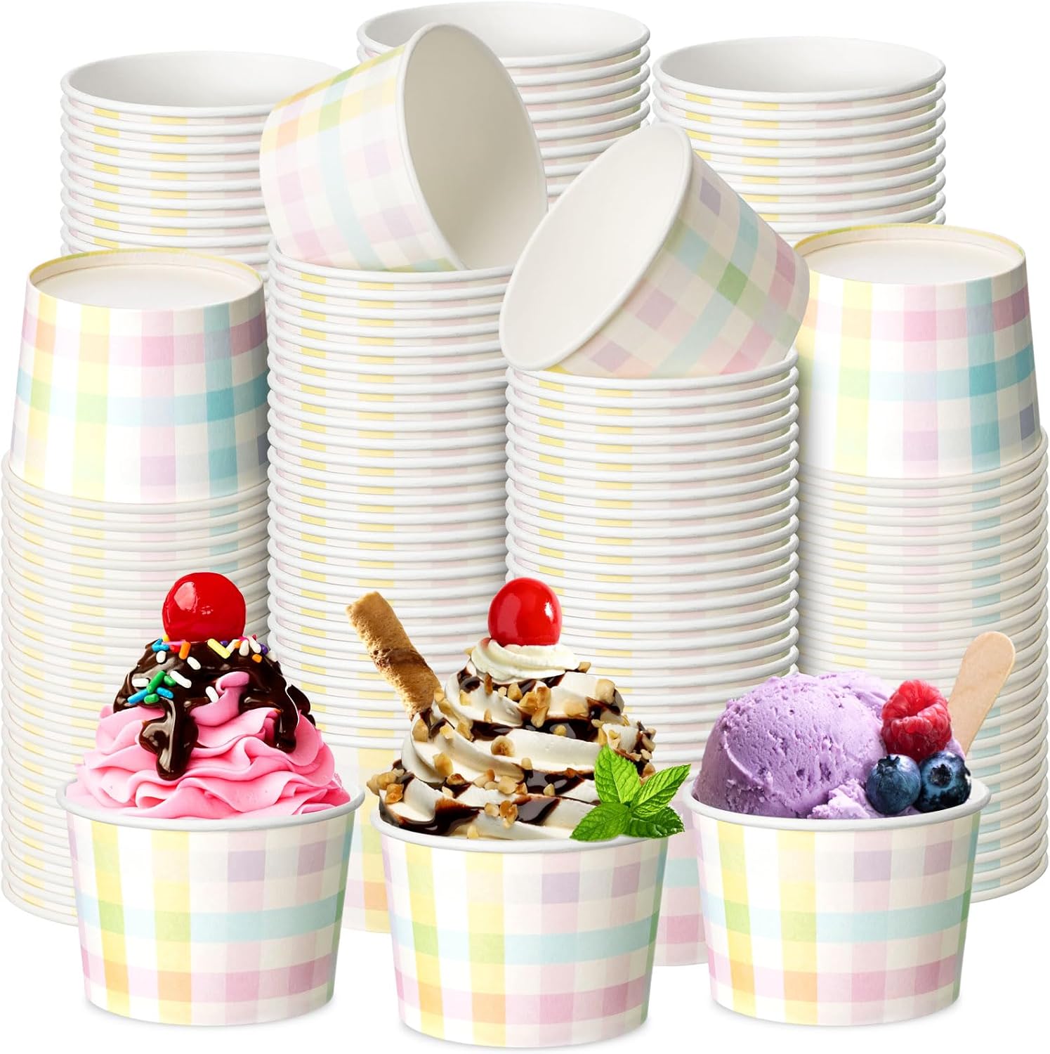 Bokon 100 Pcs Strawberry Ice Cream Paper Cups 9 oz Strawberry Disposable Dessert Bowls Snack Soup Cups for Birthday Baby Shower Party Decorations Supplies
