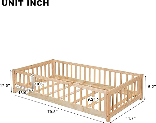 Miniatura 56 de Cama de plataforma de suelo de tamaño individual con valla, cama de madera para niños, cama de cerca para niños con puerta, no necesita somier
