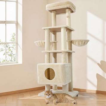 Gardner Pet 65in Heavy Duty Cat Tree Tower for Large Cats, Multi-Level Cat Furniture with Replaceable Sisal Scratching Post, Hammock | Extra-Large Platform & Condo Beige