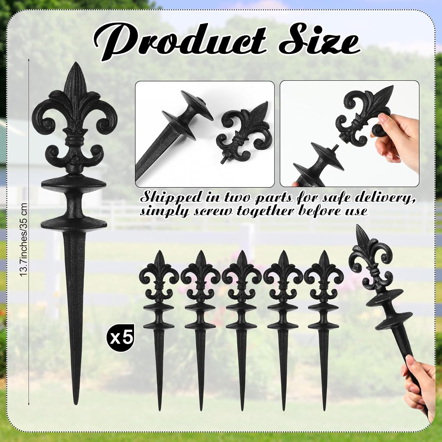 4 Pcs Antique Garden Hose Guide Spike, 13.7" Fleur De Lis Decorative Cast Iron Finial Stakes Heavy Duty Metal Plant Saver Tools Outdoor Hose Protection for Lawn Yard Patio(Black,Single Style)
