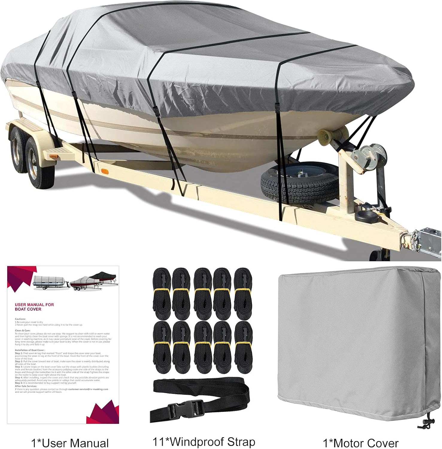 RVMasking Waterproof 800D Polyester Trailerable Full Size Boat Cover for V-Hull Runabouts Outboards and I/O Bass Boats, Motor Cover Include (Gray, Length:17'-19' Beam Width: up to 96") : Sports & Outdoors