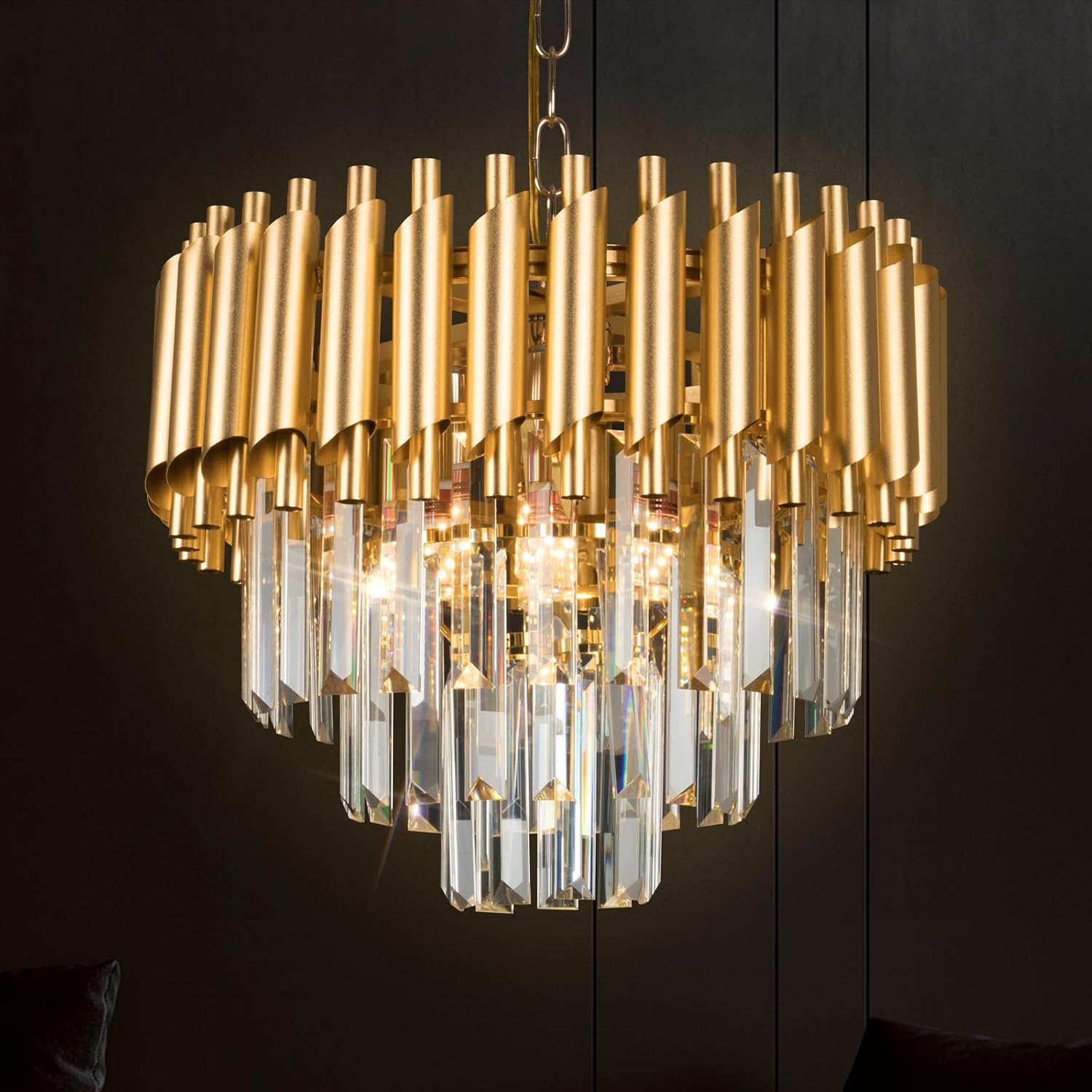 Gold Crystal Pendant Light 3 Tiers Crystal Chandelier Round Chandelier ...