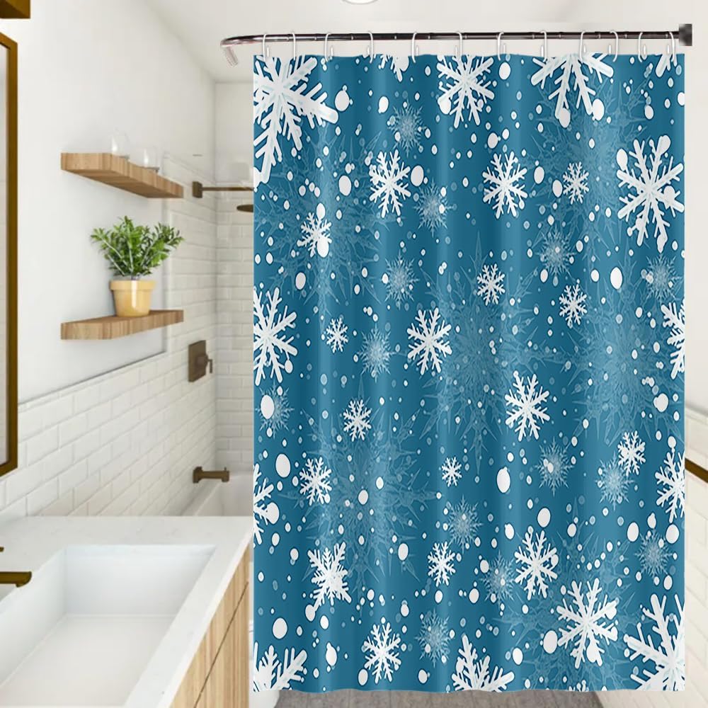 Snowflakes Shower Curtains Merry Christmas Winter Snow Xmas Festival Style Shower Curtain for Bathroom Decor Waterproof Polyester Fabric Set with Hooks, 72 x 96 Inches