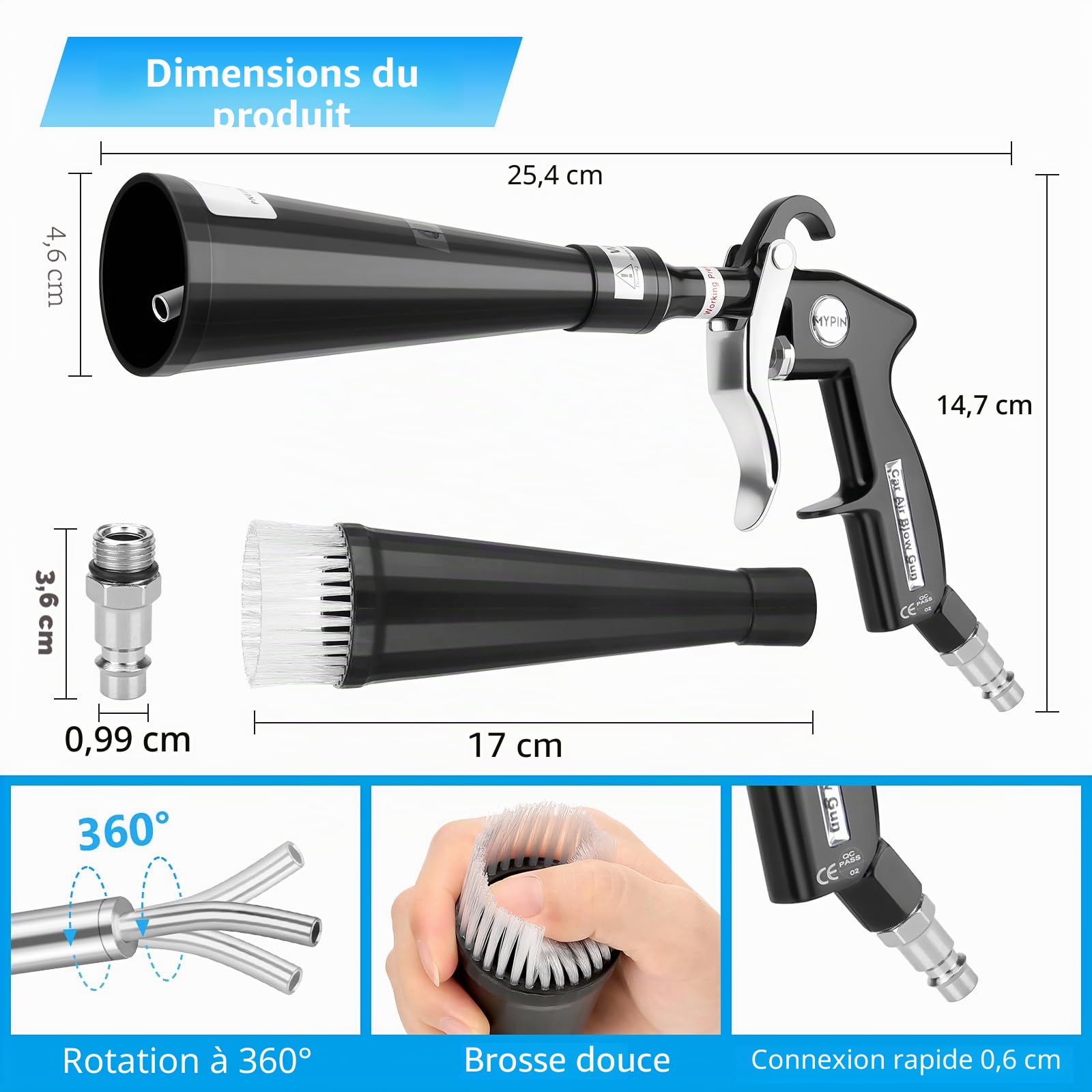 MYPIN Pistolet de Nettoyage de Voiture, 6-9,2 Bar/0,6 MPa-0,9 MPa, Pistolet à air comprimé Haute Pression avec 2 Buses de Nettoyage, Nettoyage intérieur de Voiture pour Tapis, siège