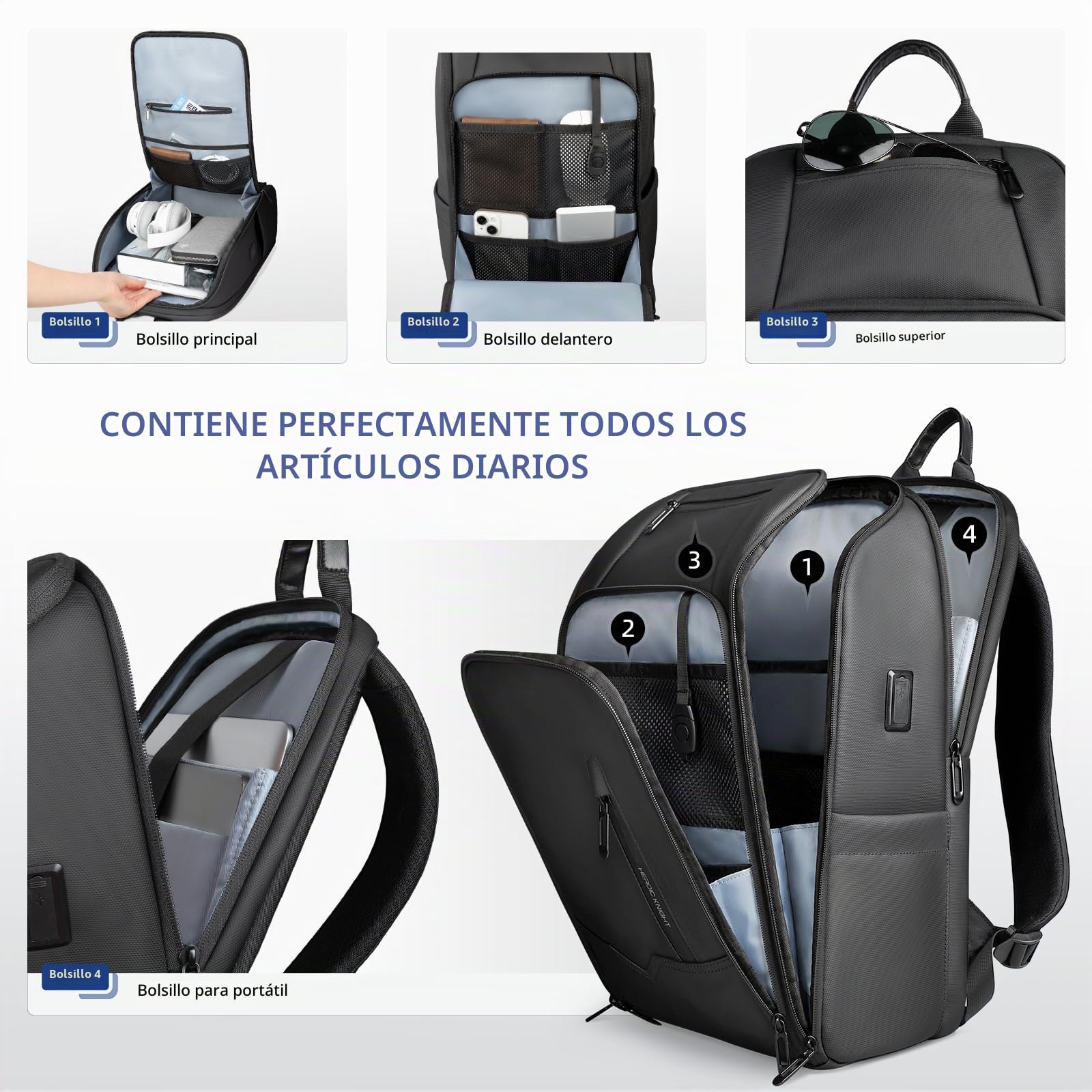 Mochila para Hombre Unisex para Laptop de 15,6 pulgadas Equipaje de Mano Ordenador Portátil Impermeable para Negocios, Viaje, Universidad con Puerto USB-Negro