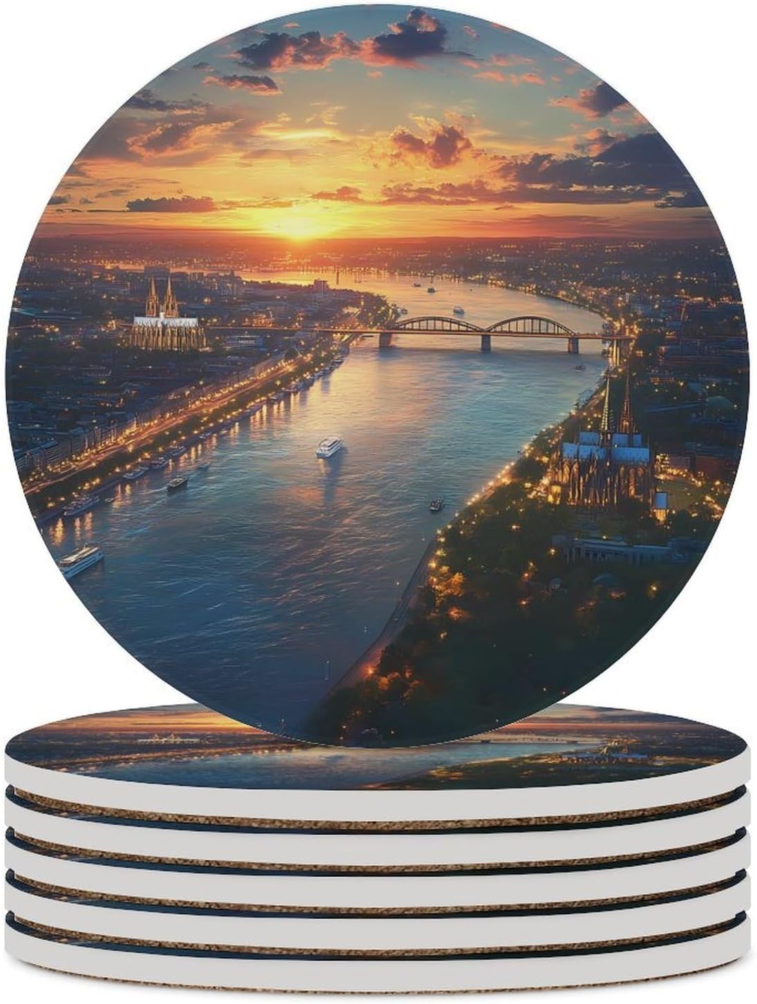 German Cologne City Coasters for Drink Round Ceramic Coaster with Cork Base Home Decorative 6PCS