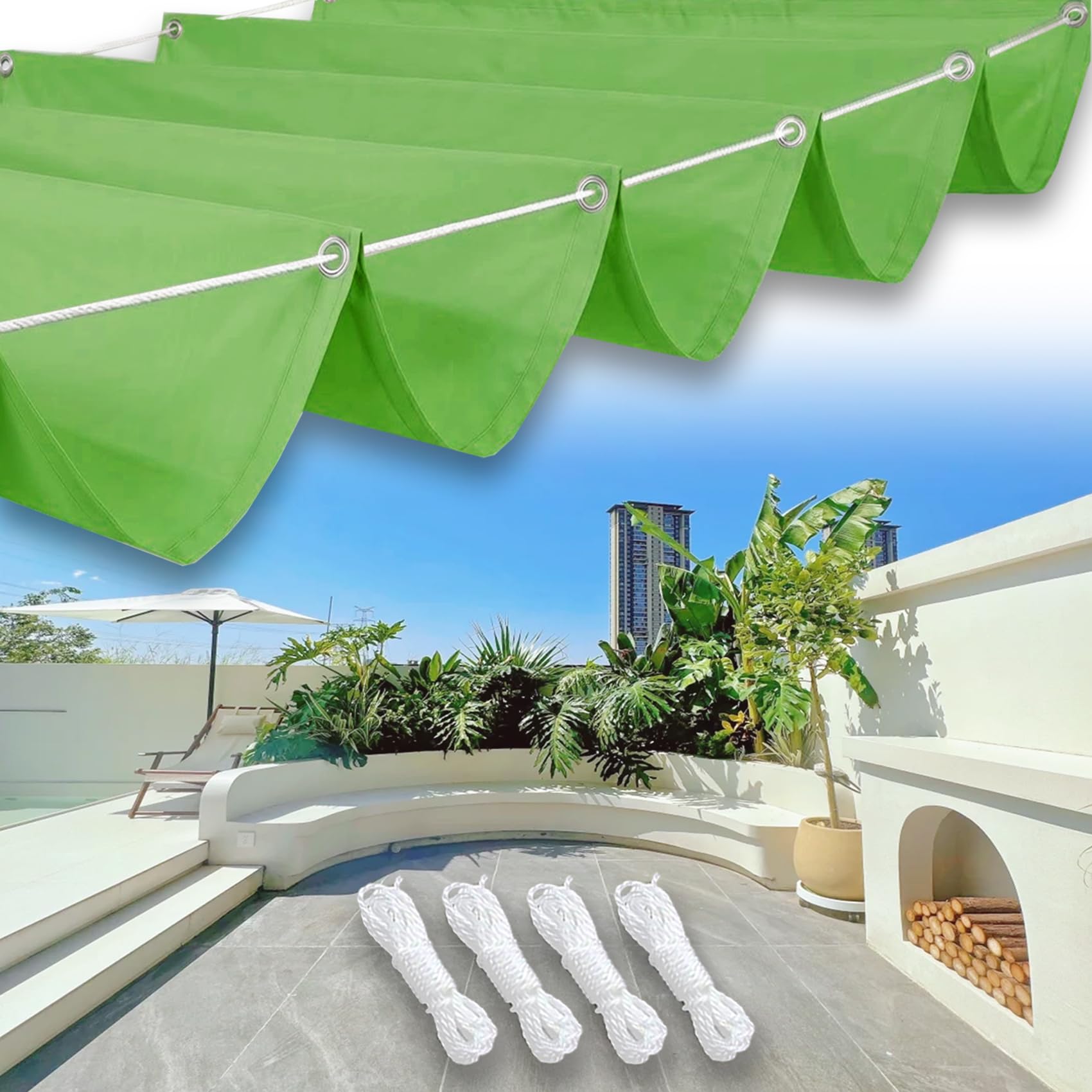 Einziehbares Welle Sonnensegel 0.5 x 3.3 m Sonnenschutz Wasserdicht Uv-Beständig, Nach Maß, Verstellbar, Wellen Sonnensegel mit Ösen Kordel für Terrasse Pergola Balkon, Zart Grün