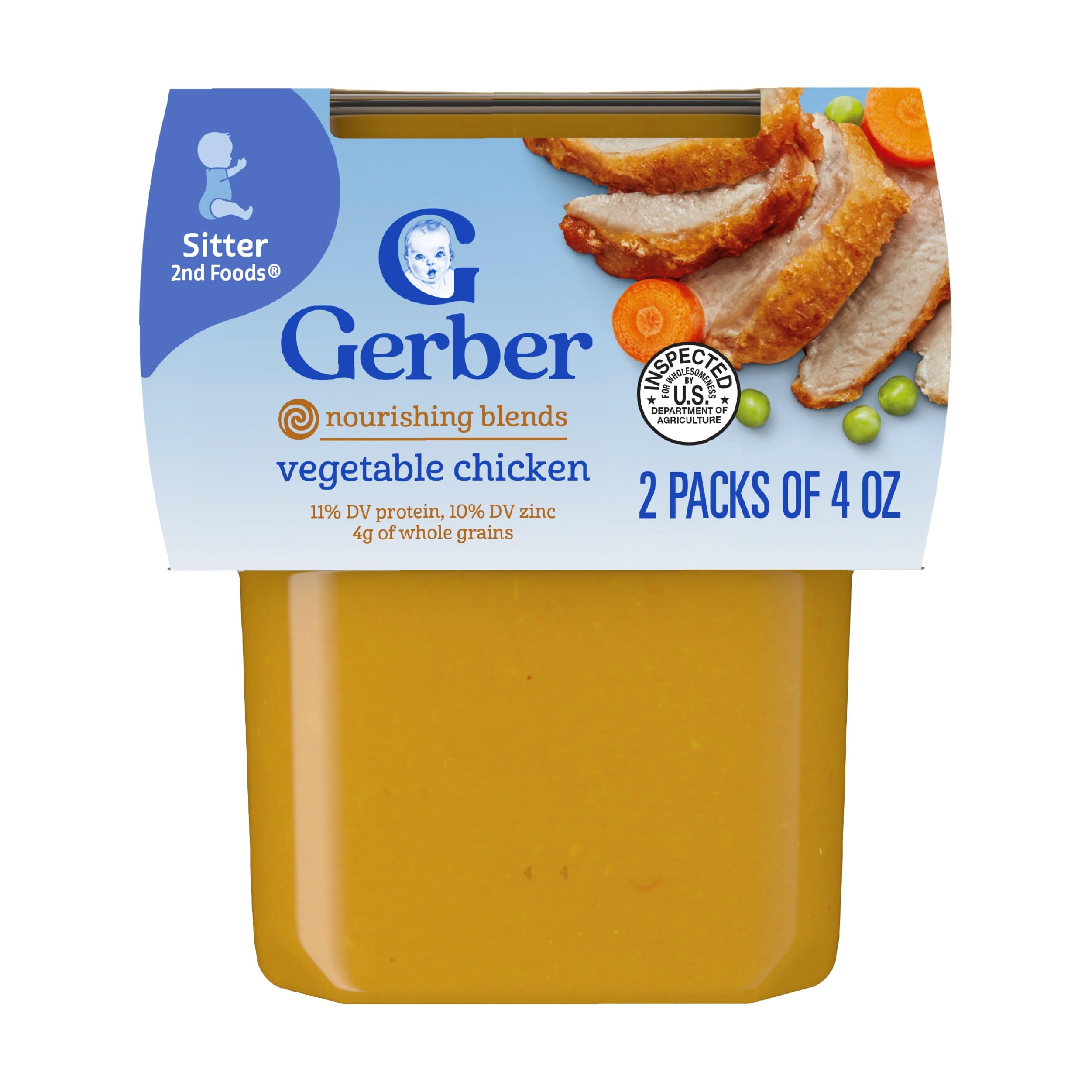 Gerber Baby Food 2nd Foods, Dinner, Vegetable & Chicken Puree, 4 Ounce Tubs, 2-Pack (Pack of 8)