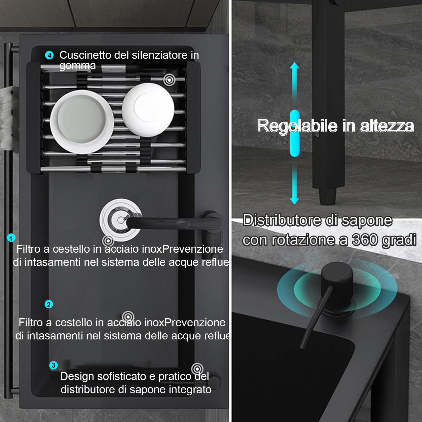 60x45x86cm Lavandino da Esterno, Witriolik Lavello da Esterno Nero con Scolapiatti e Kit di scarico e Rubinetto Alza/Estraibile, Lavello Cucina Professionale per Garage, Ristorante, Cucina, Lavanderia