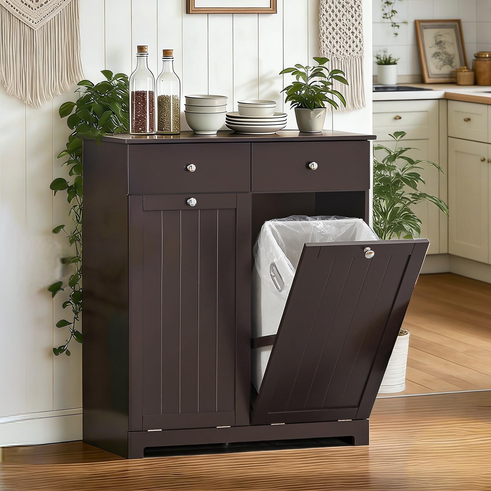 Double Tilt Out Trash Can Cabinet – Hidden Wooden Kitchen Trash Bin Cabinet with 2x10 Gallon Garbage Can, Pet Proof Tilt Out Garbage Holder, Storage