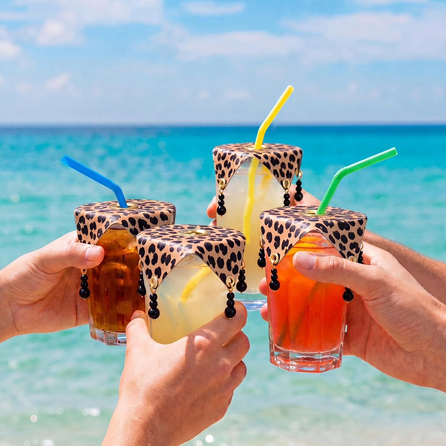 8 Pcs Leopard Print Wine Glass Covers 5'' x 5'' PU Leather Beaded Drink Covers Outdoor Drink Toppers to Keep Bugs out Party Housewarming Gifts