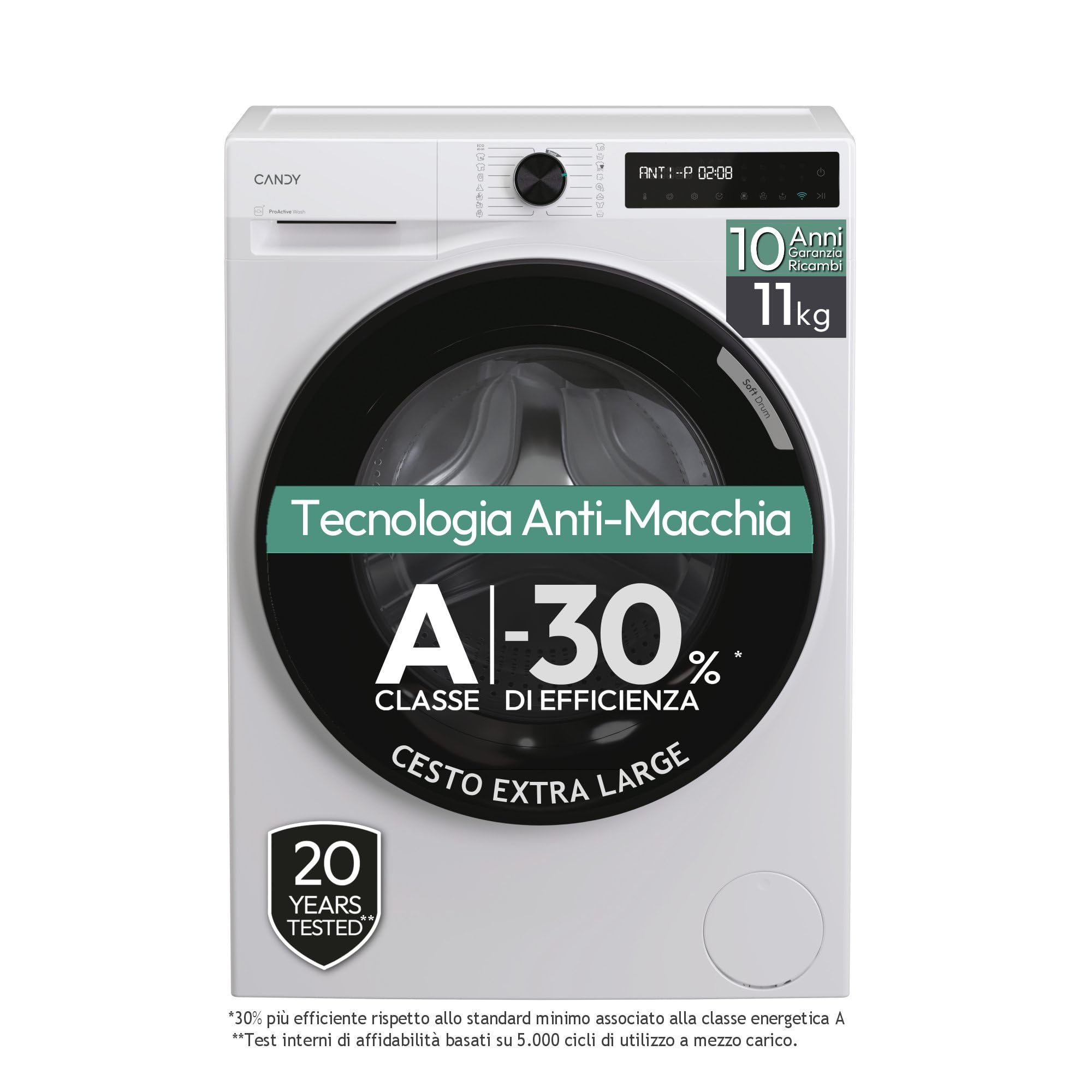 Candy ProWash 500 Lavatrice 11 Kg, Libera Installazione, Carica Frontale, Classe A-​30%, 1400 Giri, 16 Programmi, 72 dB, Connessa, Cicli speciali, AxLxP 85x60x68,​1 cm, Bianca - BR 411BL9-​S
