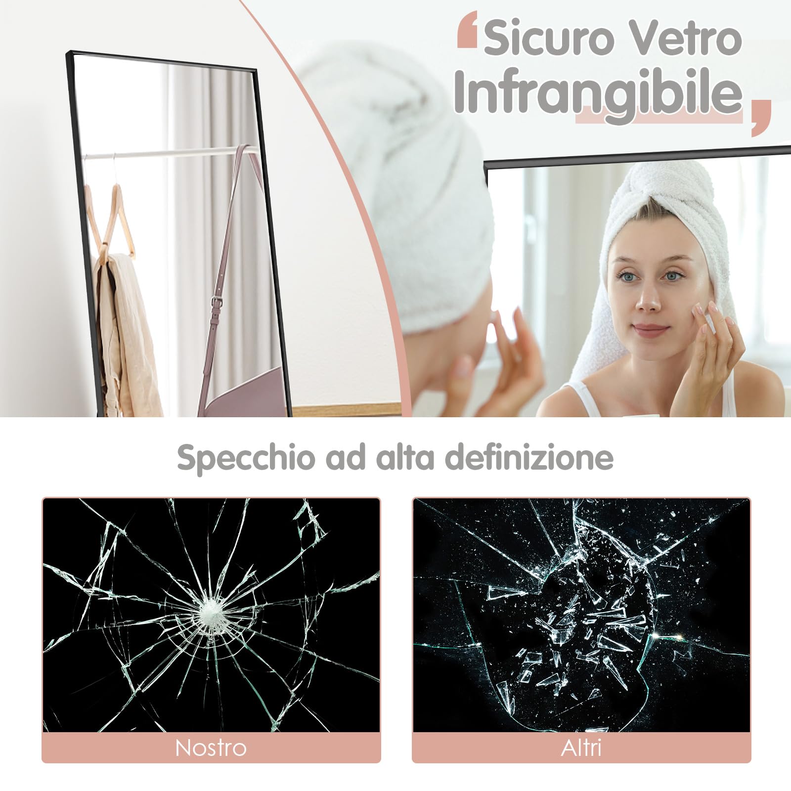 RELAX4LIFE Specchio indipendente 160×40cm, specchio a tutta lunghezza con vetro infrangibile e cornice in lega di alluminio, specchio da parete per soggiorno, camera da letto e guardaroba (nero)
