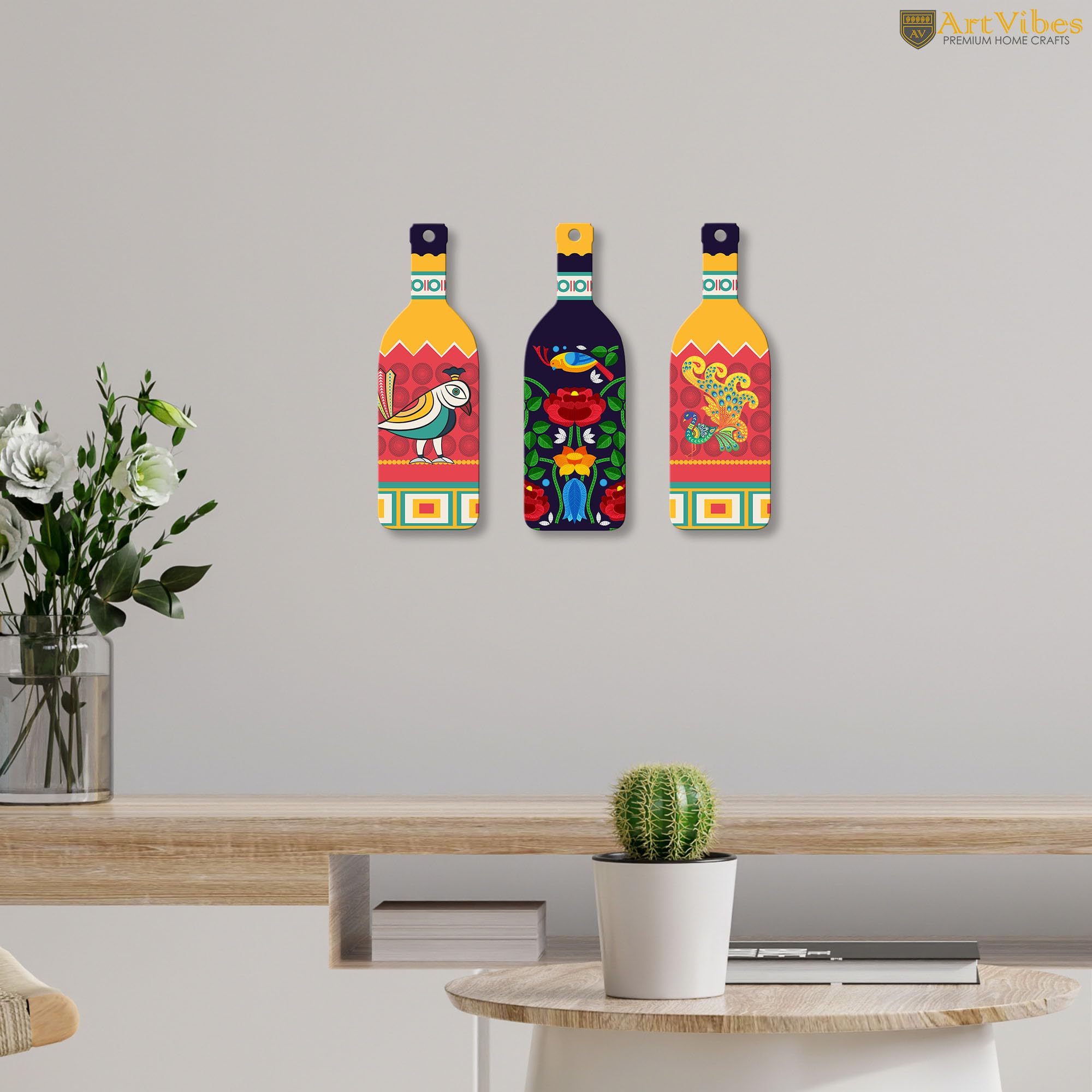 Artvibes Birds and Flower Clip Art Decor Bottle shaped Wooden Wall Hanging | Garden Balcony | Door Decoration Items | Wall Illustrations | Paintings For Wall | Unique Gift Items (WH_9512N), Set of 3 2