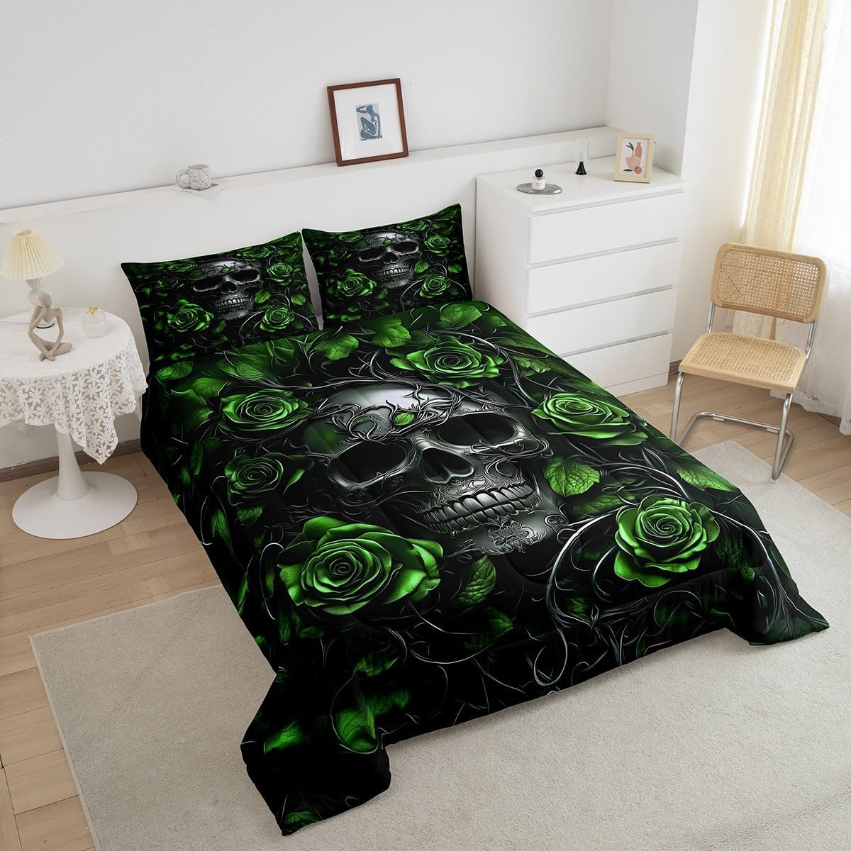 Erosebridal Adults Gothic Comforter Set Bohemian Boho Goth Queen Bedding Sets Vintage Horror Skull Bed Sets Lime Green Rose Baroque Victorian Romantic Rose Duvet Insert,Halloween Gothic Decor