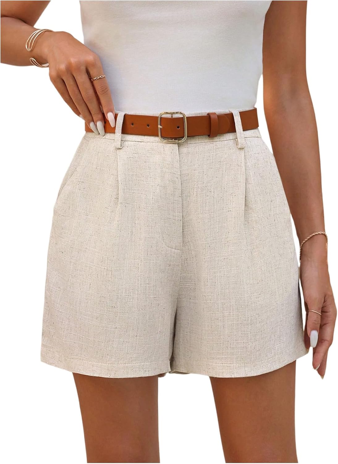 SweatyRocks Women's Linen Shorts High Waisted Straight Leg Pleated Dressy Shorts with Pockets