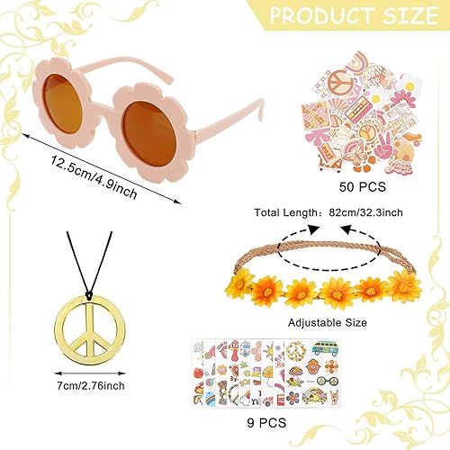 Miniatura 2 de Whaline 77 piezas de accesorios de fiesta hippie groovy, diademas de flores de margarita, gafas redondas de flores hippie, collar con signo de paz,
