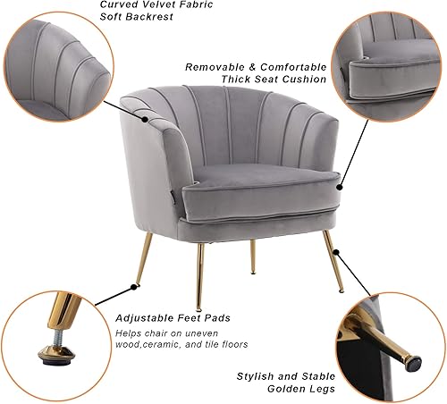 Miniatura 60 de Artechworks Silla moderna de terciopelo con patas doradas para sala de estar, dormitorio, oficina en casa, silla de club con respaldo copetudo,