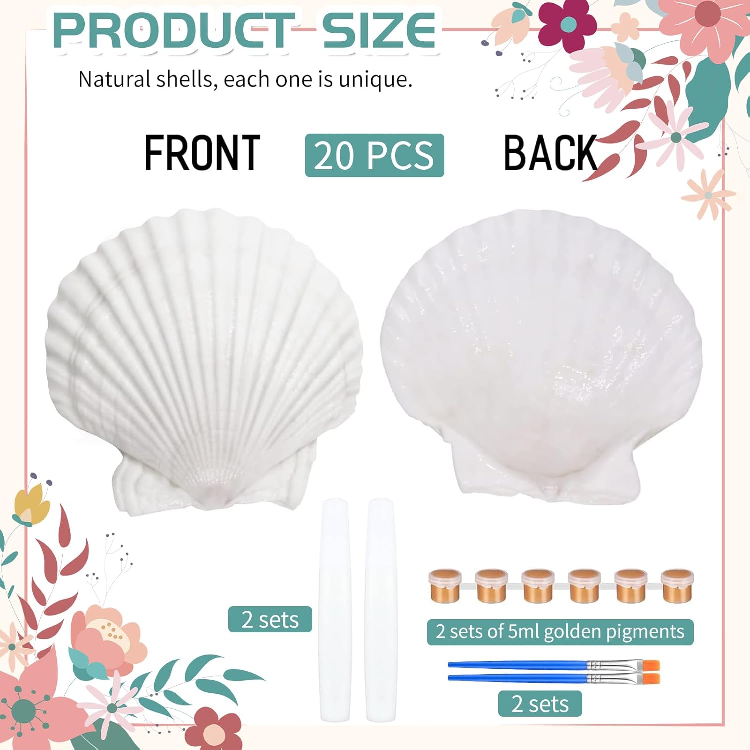 20 Sets Scallop Shells for Crafts 4''-5'' Natural White Sea Shells with Decoupage Paper Napkins Paint Strips Glue Sticks Brushes for DIY Crafts Ornament Jewelry Tray Seashell Beach Decor