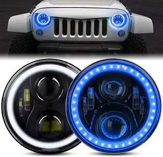 Jeep LED Headlights with Halo BEEYEO 7 Inch LED Headlights 60W Round Headlamp with Daytime Running Light DRL Turn Signal High Low Beam for Jeep Wrangler JK TJ LJ CJ with H4 H13 Adapter, 2PCS-Blue