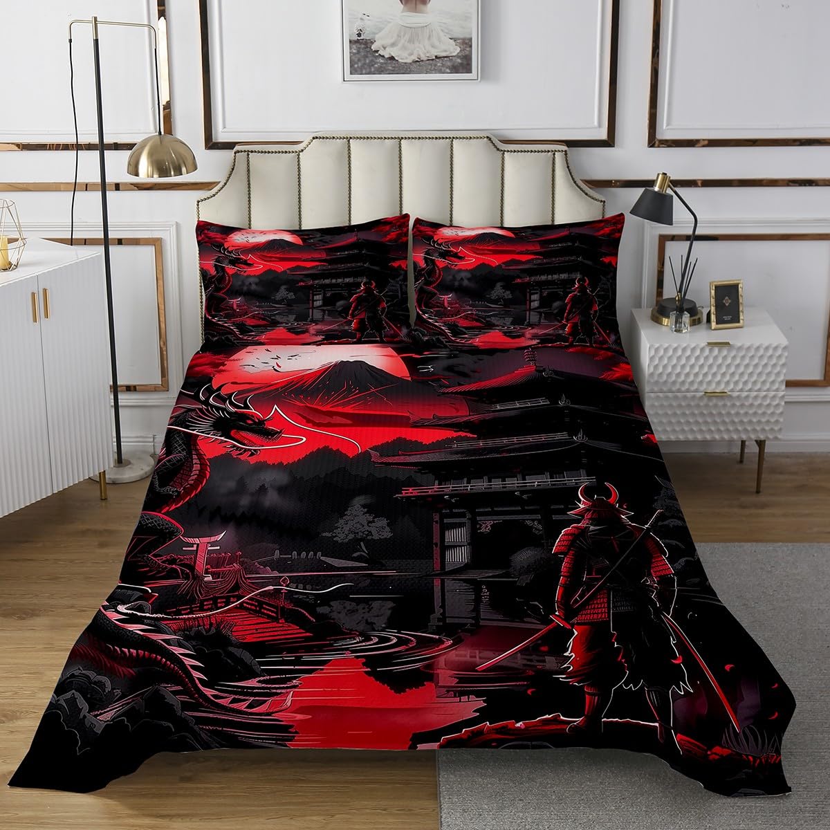 Homemissing Colcha de dragón para niños, tamaño King, color rojo, atardecer, juego de colcha acolchada Samurai, estilo japonés, Ukiyoe acolchado
