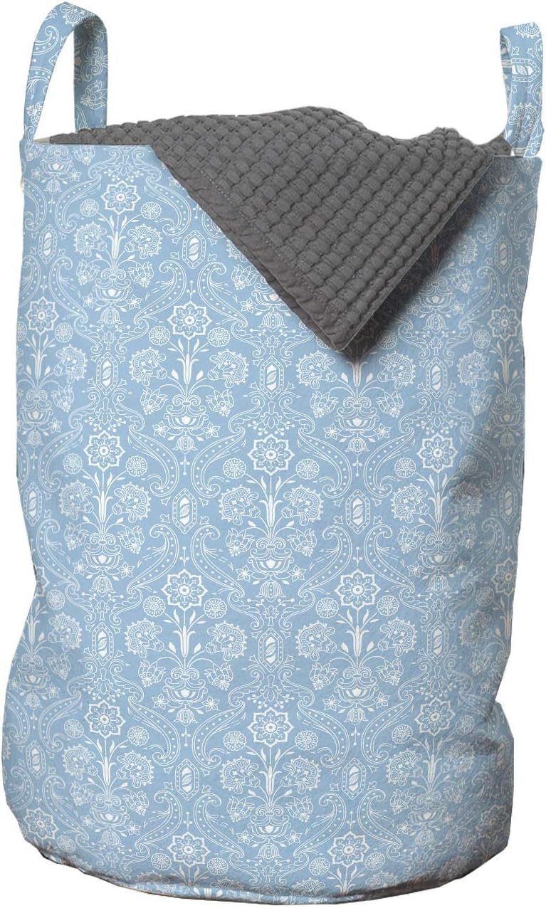 Lunarable Pale Blue Laundry Bag, Foliage Baroque Damask Inspired Delicate Old Fashioned Revival Art, Hamper Basket with Handles Drawstring Closure for Laundromats, 13" x 19", Pale Blue White