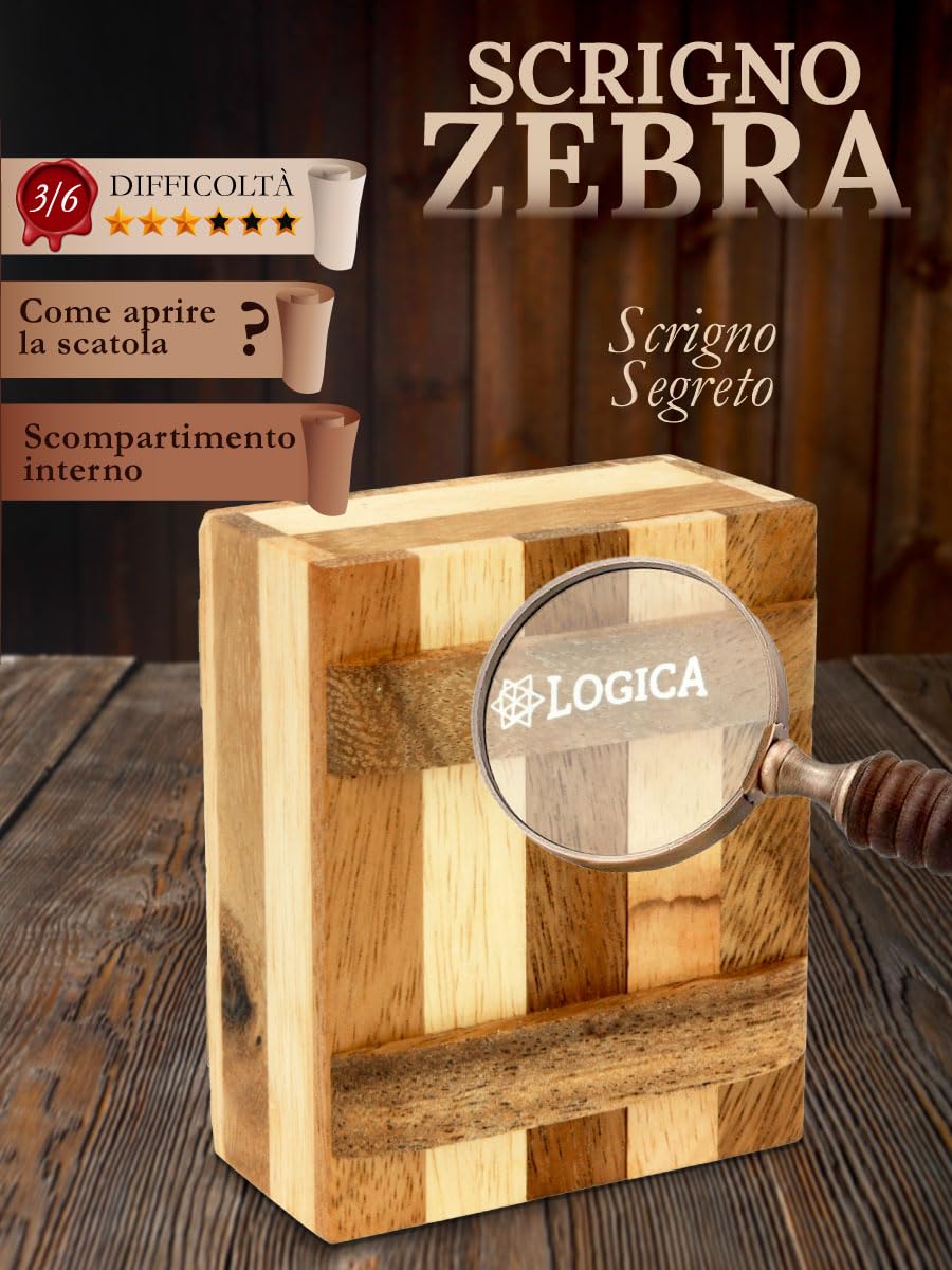 Logica Giochi - Lo Scrigno Zebra – Scatola Segreta - Rompicapo in legno – Difficulta 3/6 Difficile – Collezione Leonardo