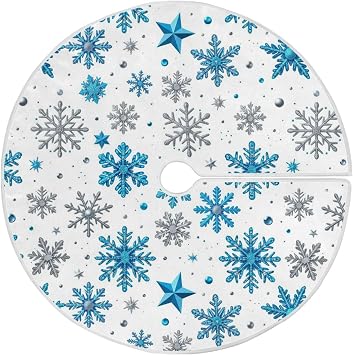 Winter Blue Snowflakes Christmas Tree Skirt 36 in White Silver Snowflake Snow Xmas Tree Skirt Large Tree Stand Mat Tree Skirts Decorations for Winter Holiday Party Home Office Tree Skirt Ornaments