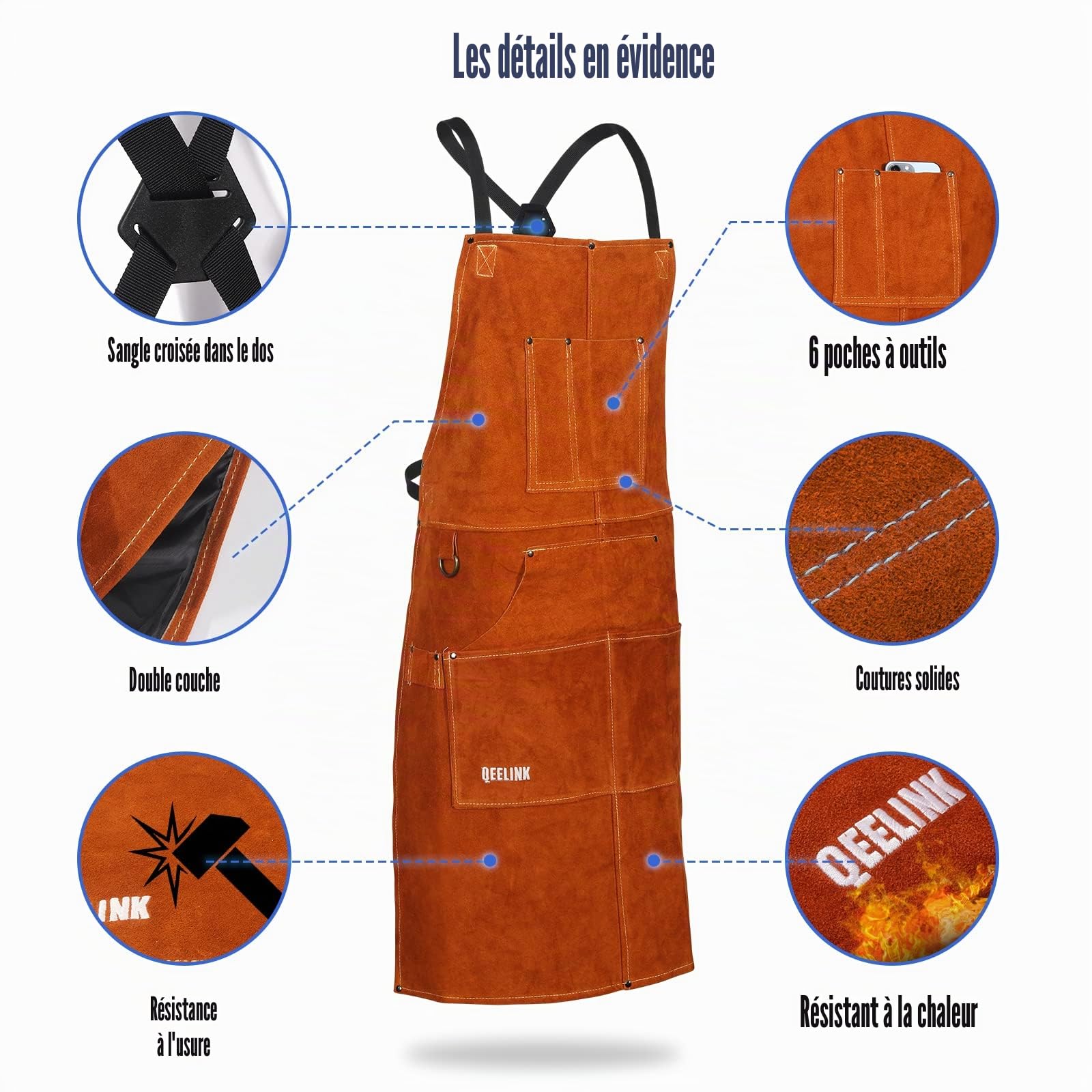 QeeLink Tablier de travail en cuir avec 6 poches à outils, tablier de soudure robuste pour homme et femme, résistant à la chaleur, 61 cm x 91 cm, réglable de taille M à XXL