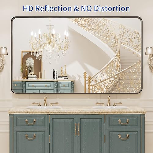 Miniatura 2 de WEER Espejo de baño con marco de metal negro de 50 x 30 pulgadas, espejo de tocador de baño negro de granja, espejos de pared redondos rectangulares