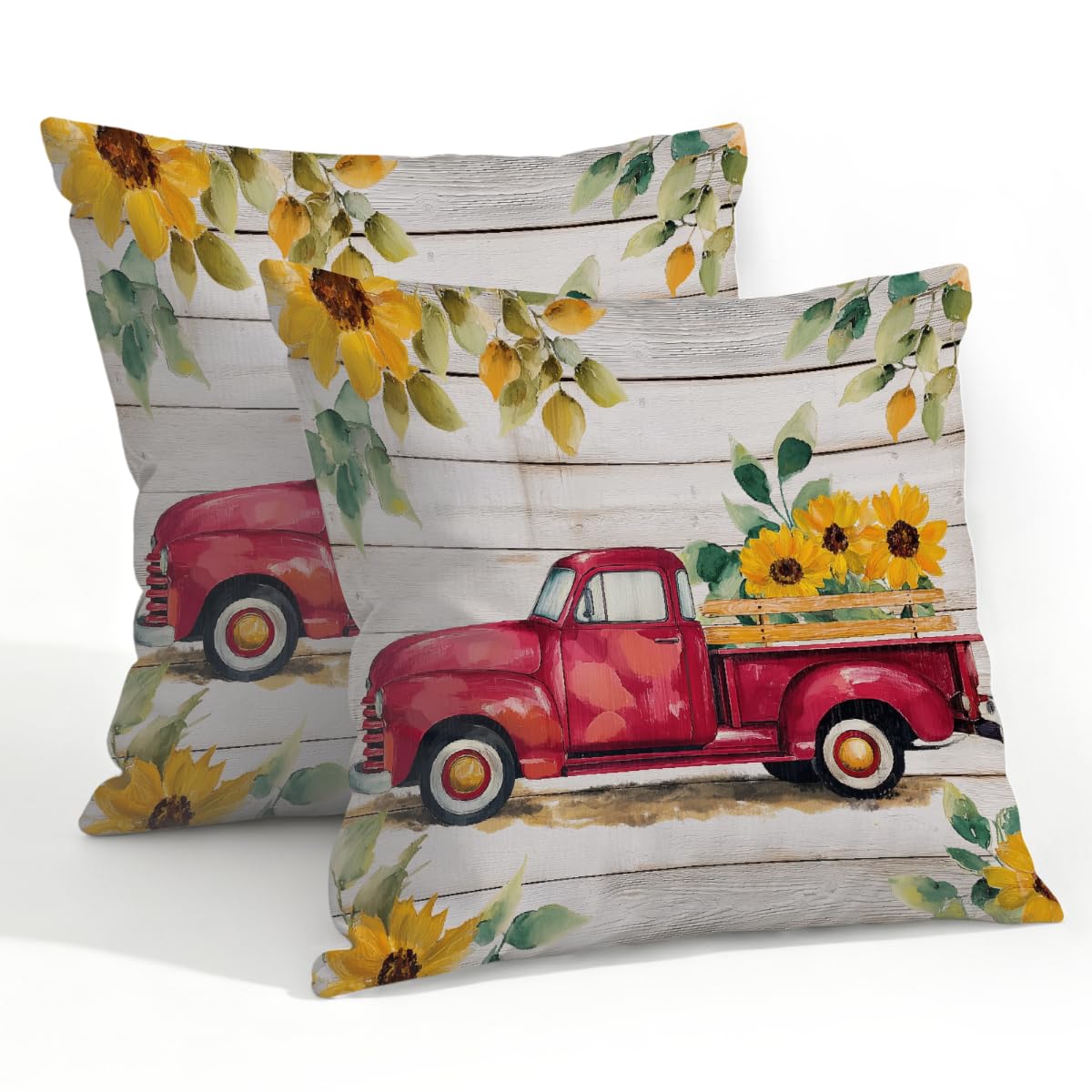 Outdoor Pillow Covers Waterproof Pillowcases 22x22in Set of 2 Farm Vintage Floral Truck On Wooden Decorative Throw Cushion Case for Couch Sofa Garden Patio Furniture