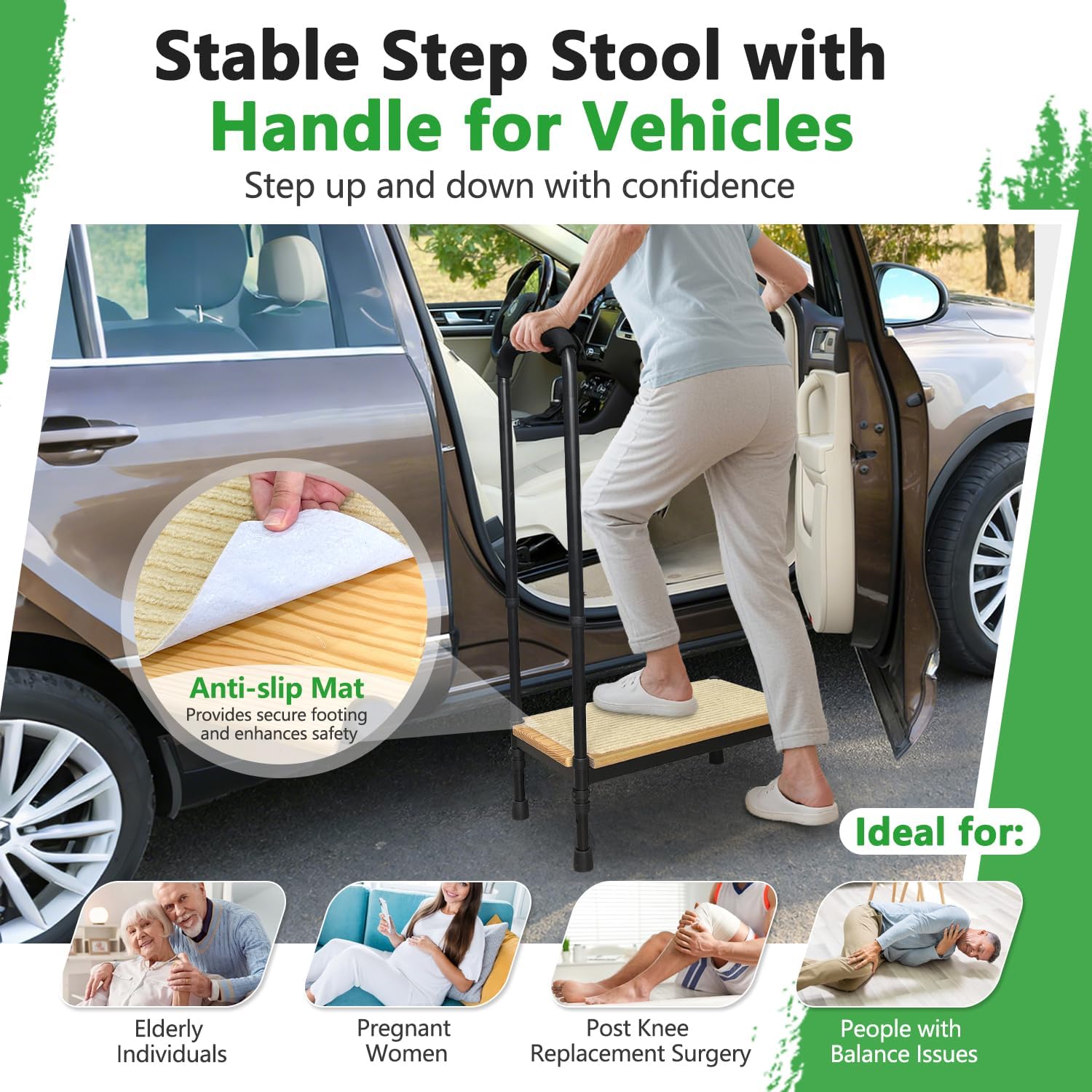 Medical Step Stool with Handle for Seniors, Bed Steps for High Beds Adults, Handicap Step Platform Bed Stool for Elderly, SUV Car Stepping Stool Heavy Duty Adjustable Safety Step with Anti-Slip Mat