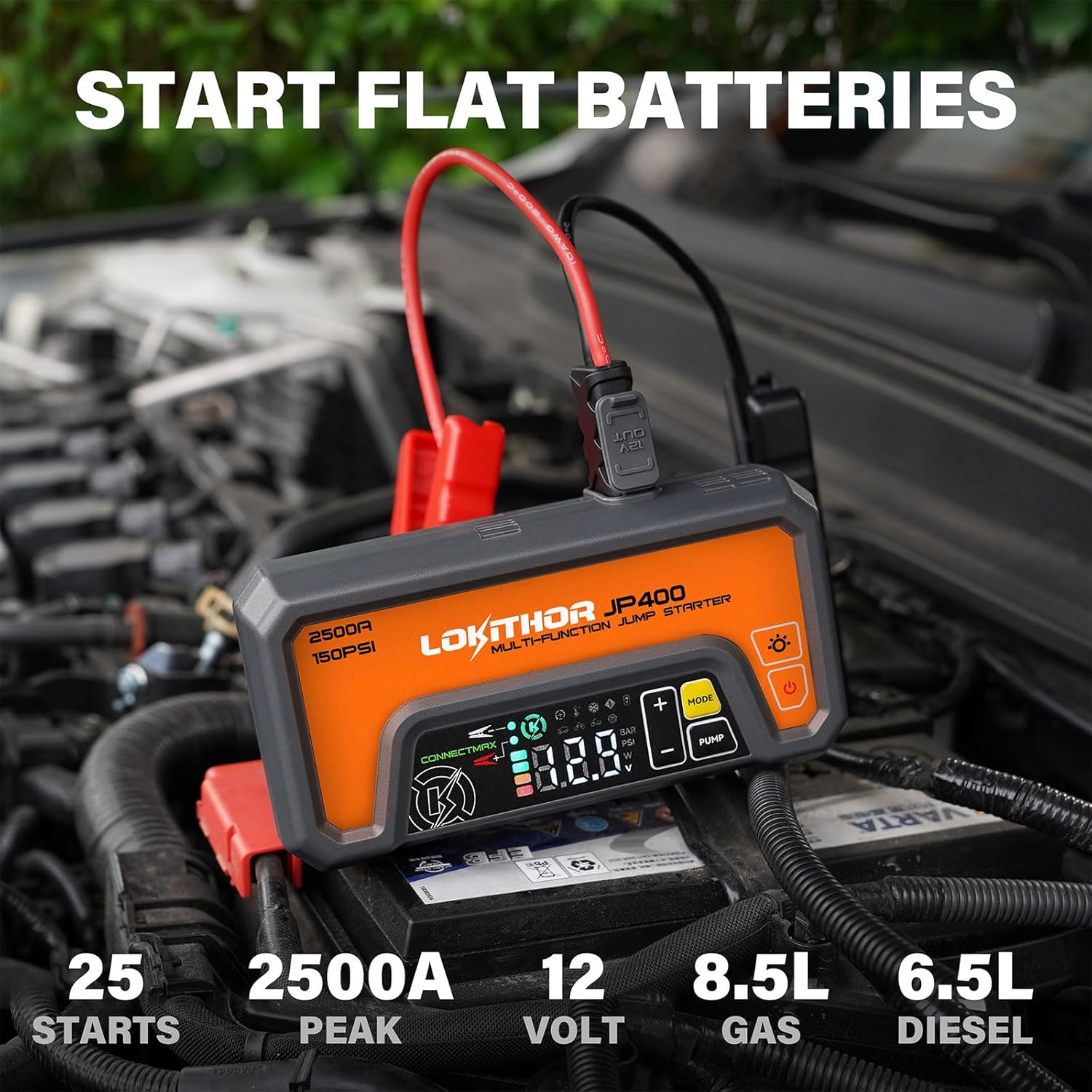LOKITHOR JP400 Jump Starter with Air Compressor, 2500A Car Battery Jumper Starter Portable for Car 8.5L Gas or 6.5L Diesel, 12V Battery Jump Pack with 150PSI Tire Inflator, Jumper Cables, Storage Case