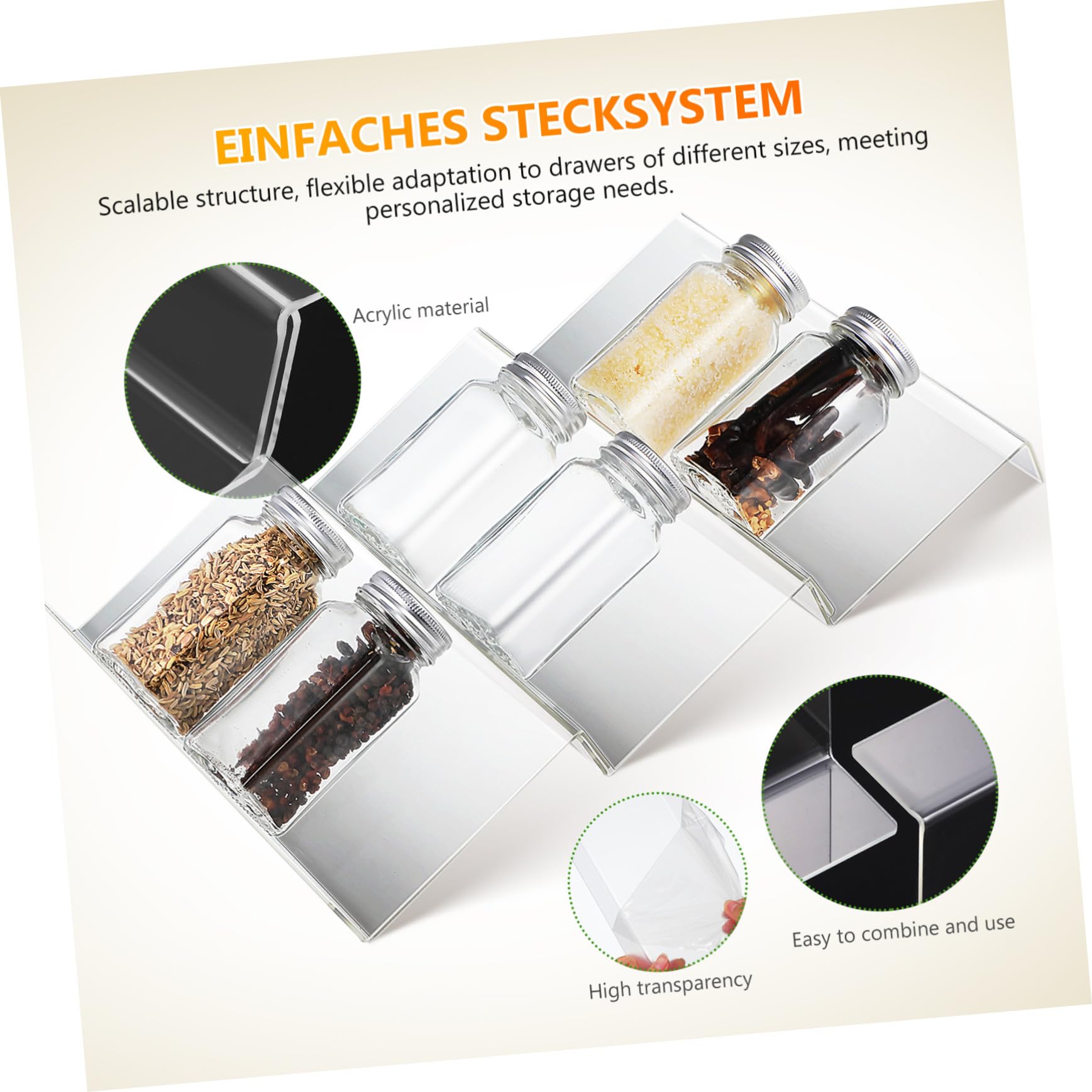 Organizador de Especias para Cajones Acrílico Transparente 4 Piezas Expandible y Ajustable Compatible Encimeras Gabinetes y Tamaños de Cajón Almacenamiento Flexible