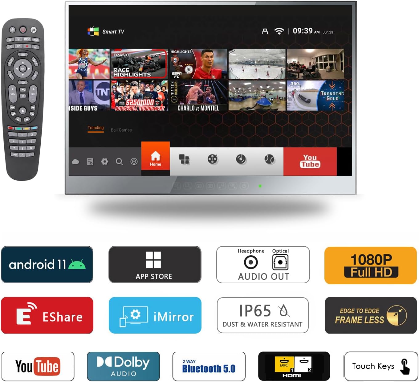 elecsung 32inch 4K UHD Smart TV for Bathroom,Mirror Touch Panel,with Analog and Digital Tuner,IP65 Waterproof,WiFi, Bluetooth, Built-in Speakers,Android 11.0 System,Model 2024