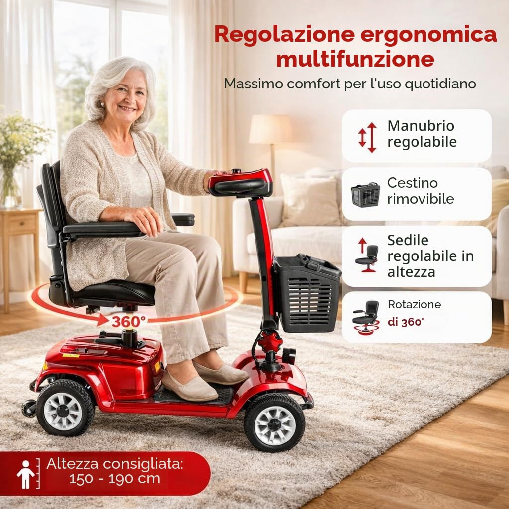 Mobility Scooter Elettrico per Disabili e Anziani di Pieghevole e Leggero, 3S Piegatura Rapida per Mobilità,Pneumatici Antiforatura per Persone con Mobilità Ridotta Sedia a Rotelle (Rosso)