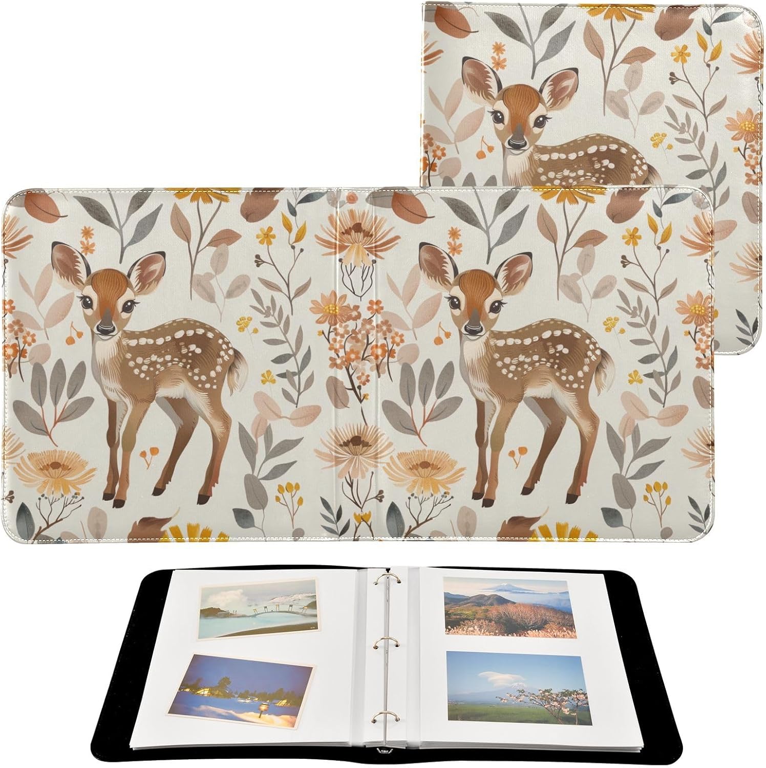 JIPONI Little Cute Deer Fawn Large Photo Album, DIY Leather Cover Scrapbook Albums for 4x6 5x7 6x8 Pictures, Self Adhesive Memory Book for Wedding, Baby, Family