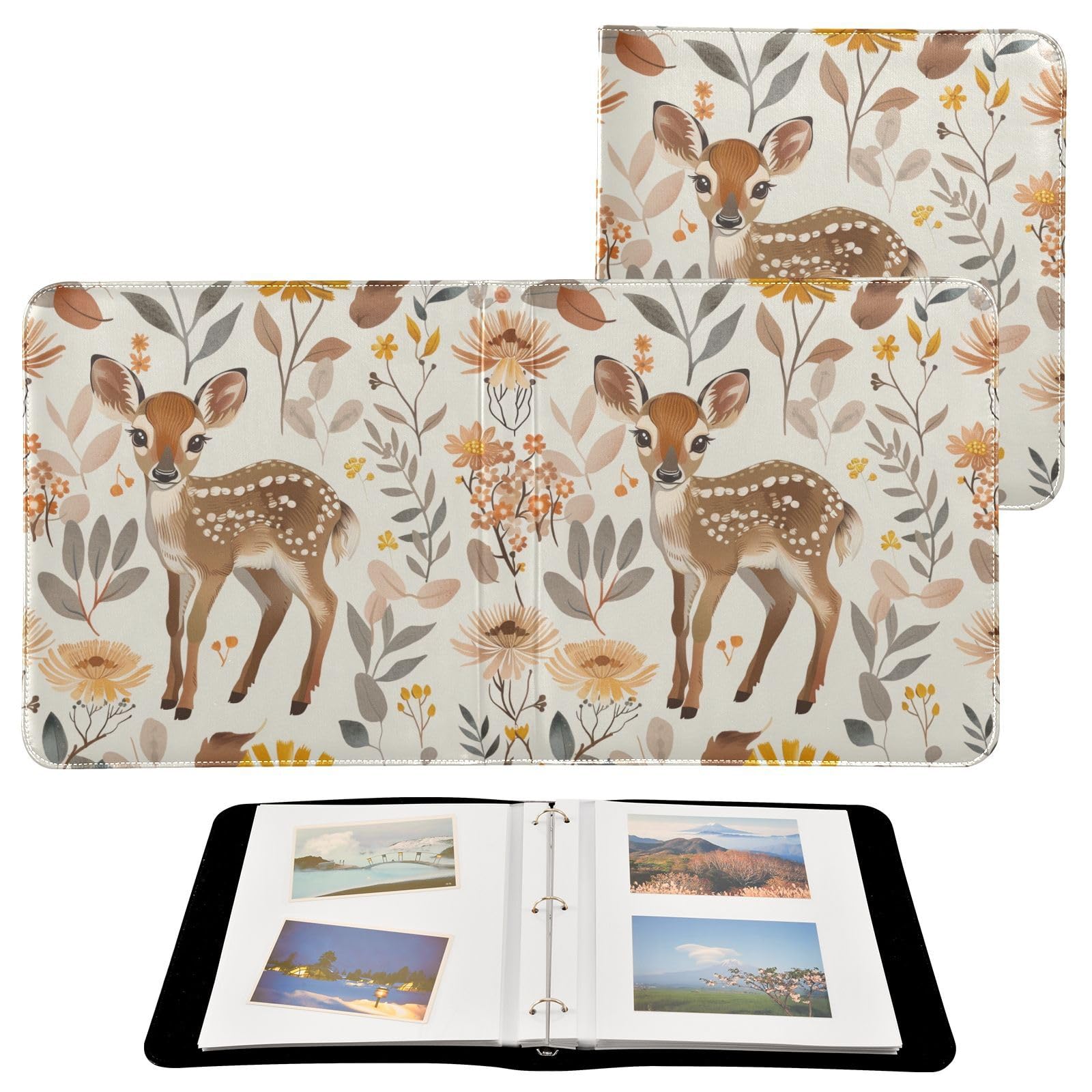JIPONI Little Cute Deer Fawn Large Photo Album, DIY Leather Cover Scrapbook Albums for 4x6 5x7 6x8 Pictures, Self Adhesive Memory Book for Wedding, Baby, Family