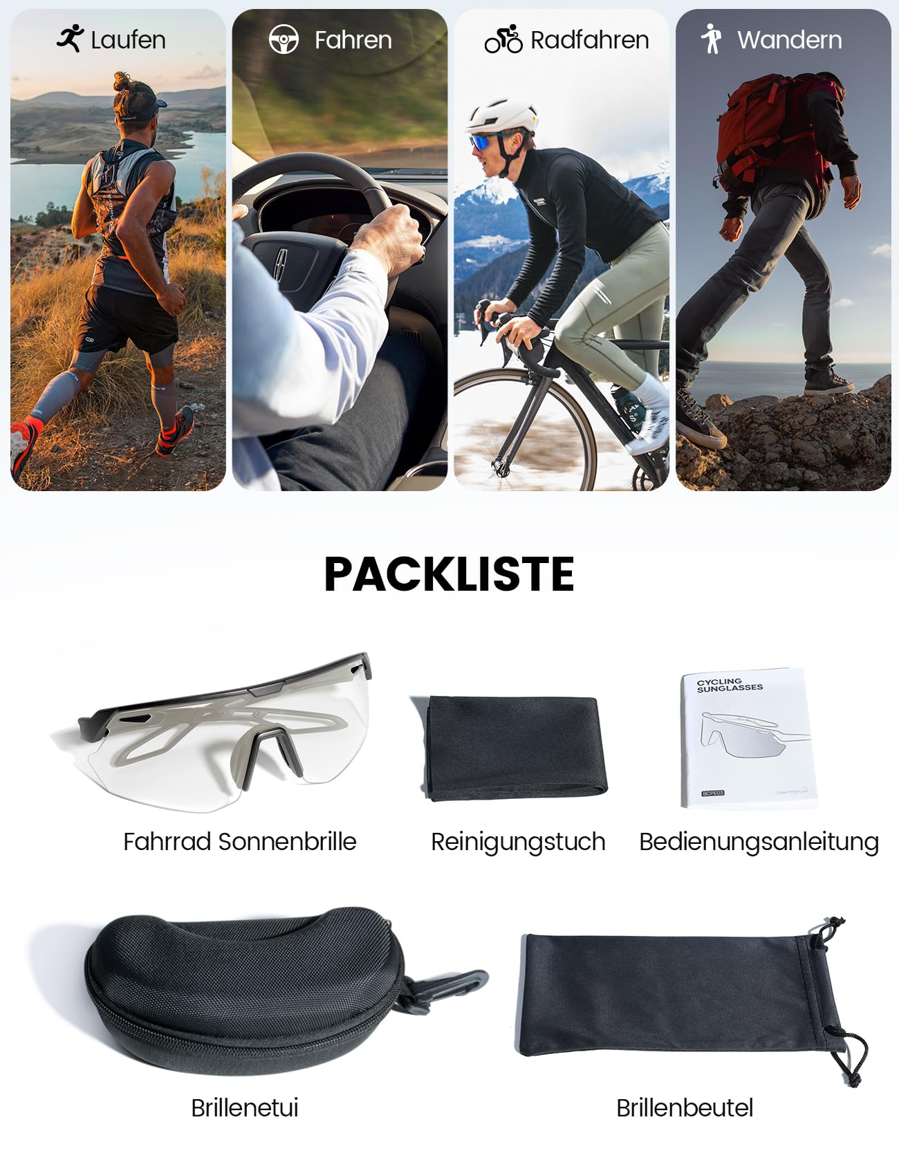 Lamicall Fahrradbrille Herren, Schnelle Brille Damen - [3S Selbsttönend] [28g TR-90 Ultraleicht] Sonnenbrille Fahrrad mit Verstellbare Nasenpad & Bügel, UV400 Laufbrille Sportbrille für Fahrrad/Laufen