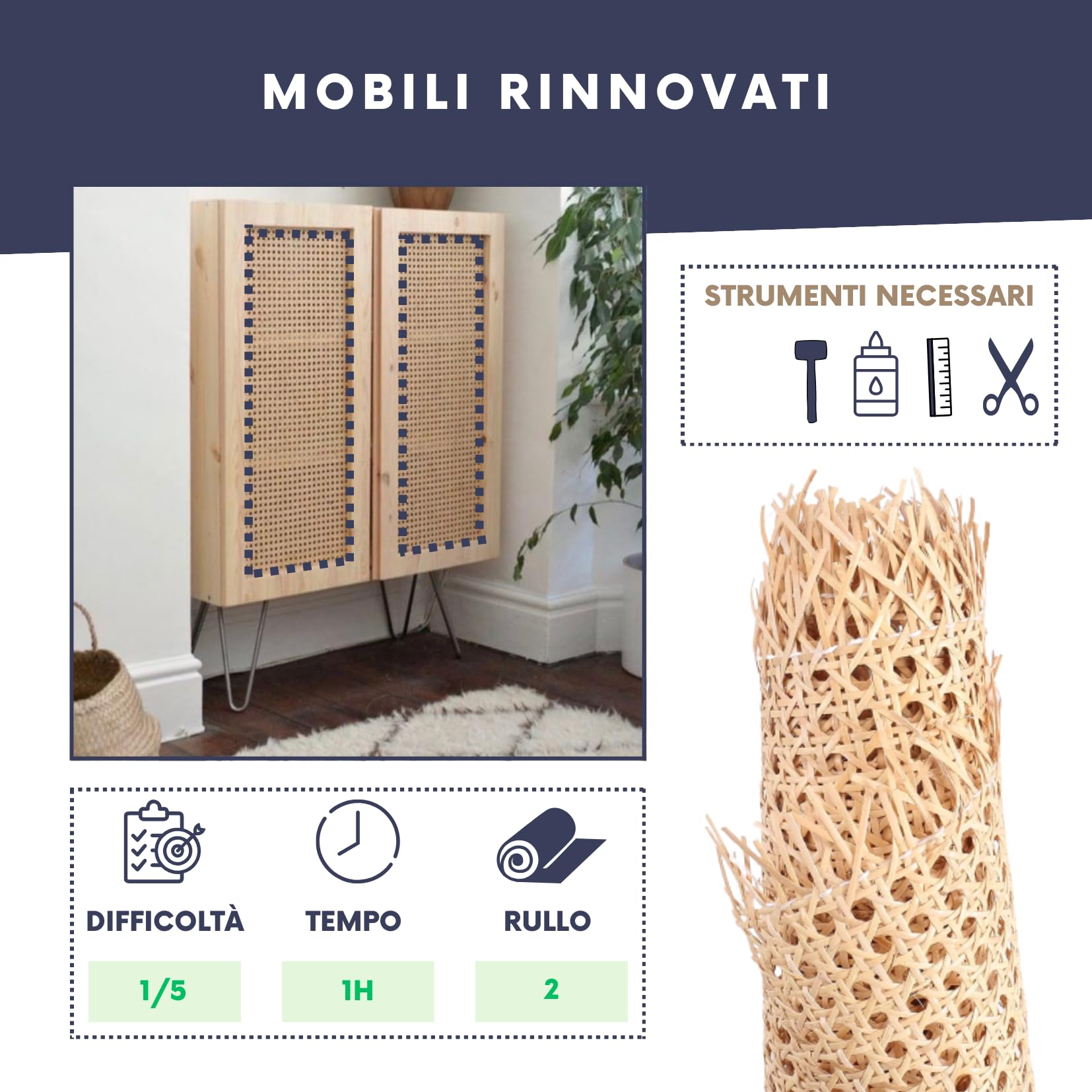 Rotolo di Rattan Naturale per la Riparazione e Il Restauro di Mobili e Sedie, Perfetto per i Tuoi Progetti DIY e Artigianali (60x100 CM) Materiale di Rattan Versatile e Resistente