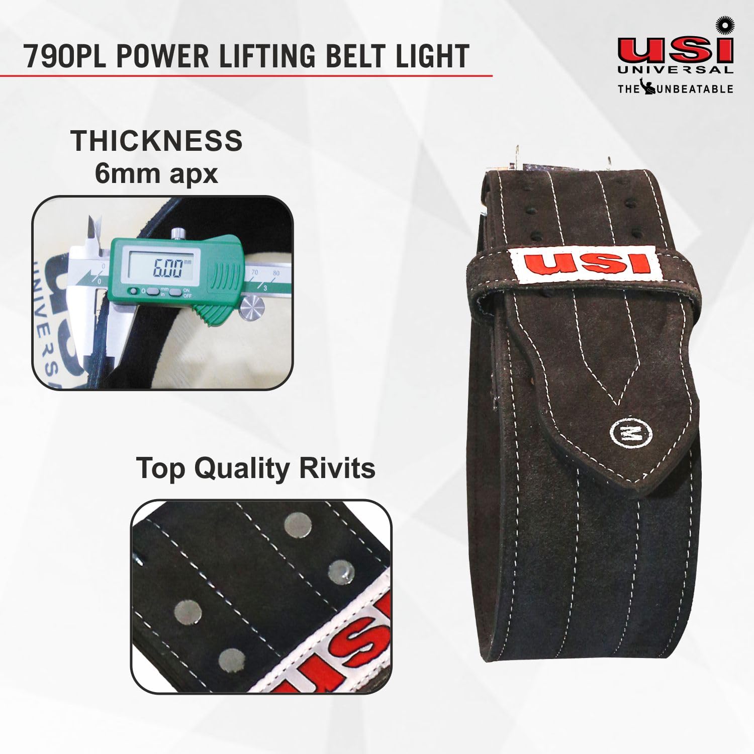 USI UNIVERSAL Gewichthebergürtel, 790PL Powerlifting-Gürtel für Männer und Frauen, Gewichtheben, Wettkampf, Workout, Training, Gewicht, Rückenstützgürtel, 6 mm dick, 10,2 cm breit, Ledergürtel