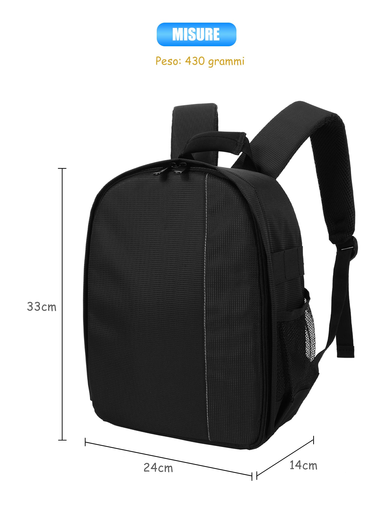Zaino Fotografico, Zainetto professionale per macchina fotografica, Borsa per fotocamera e obbiettivo, Custodia Imbottita Antiurto Impermeabile 33x24x14cm km36