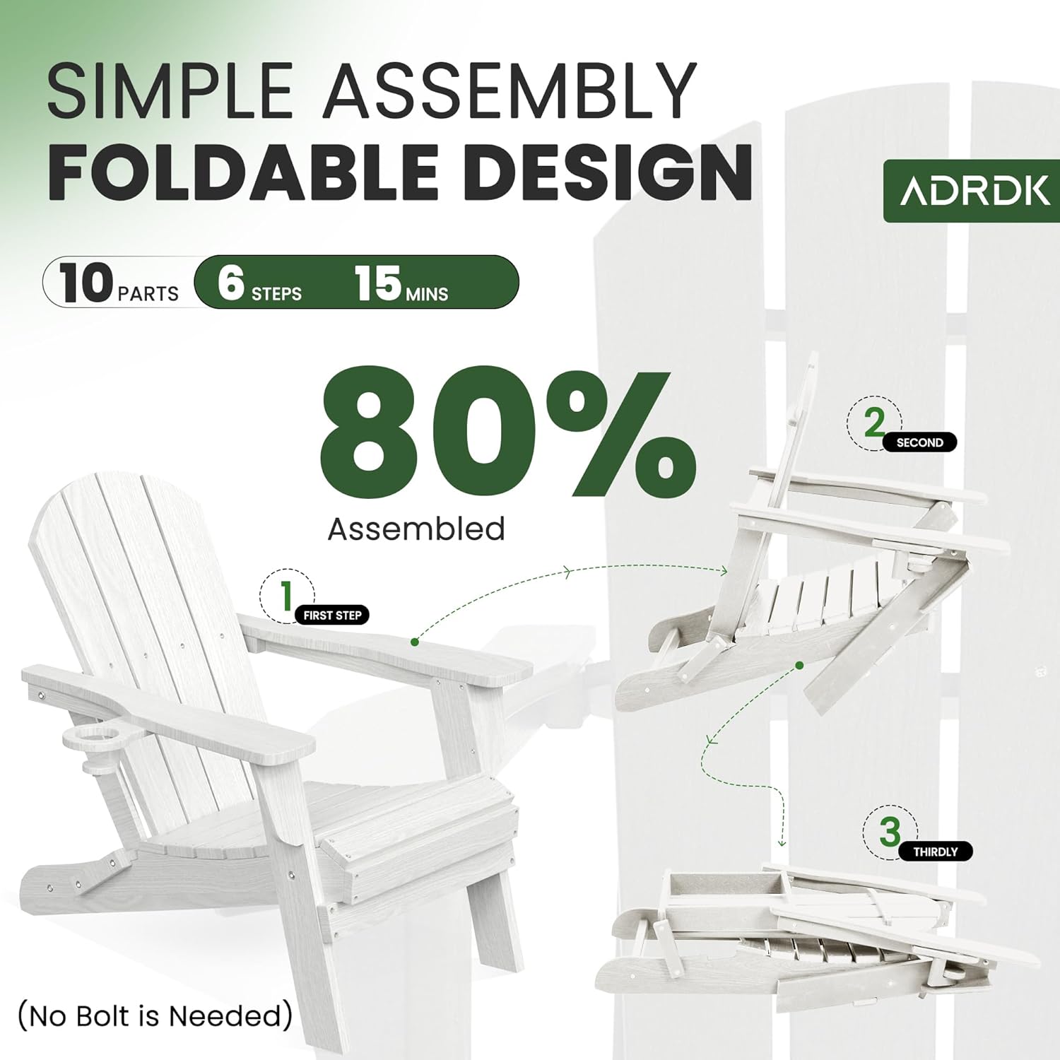 Folding Adirondack Chair with Cup Holder, HDPE All-Weather Folding Patio Chair, Outdoor Patio Adirondack Chair for Lawn Porch Garden Backyard Deck Fire Pit, White