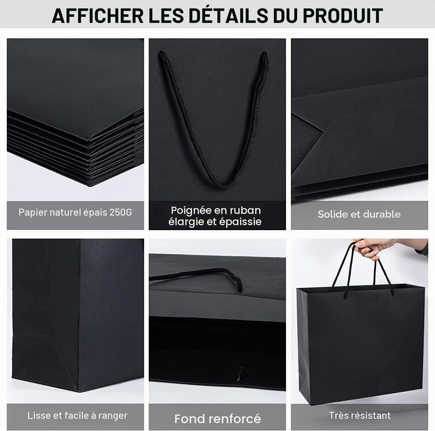 FWEEK Sac Cadeau Noir 24 Pièces, Grand Sac Cadeau en Papier 250 GSM 40x12x28cm, Sac Noir Réutilisable avec Poignée Coton pour Anniversaire, Mariage, Fête, Cadeaux