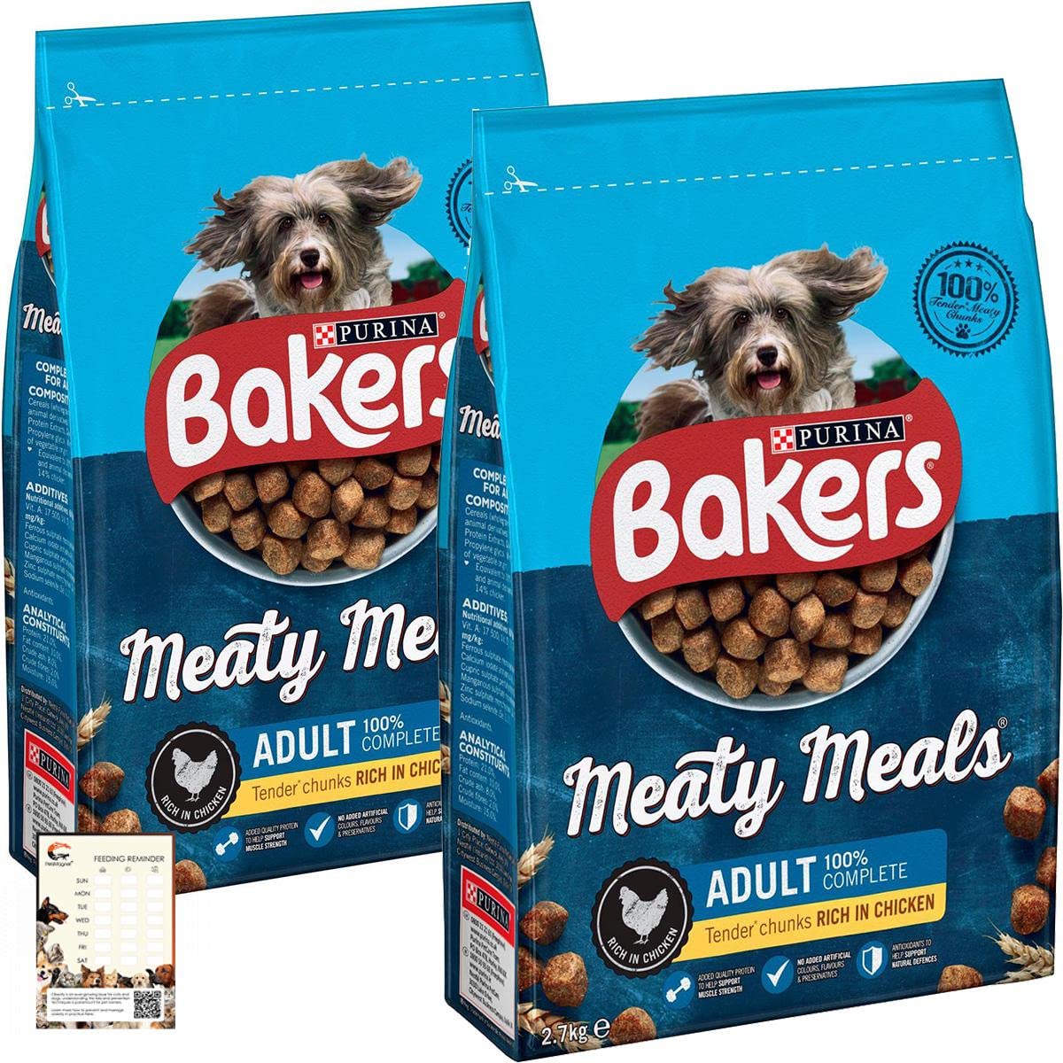 PetsMagnet 2x2.7kg Bakers Meaty Meals Chicken Adult Dry Dog Food plus Feeding Reminder