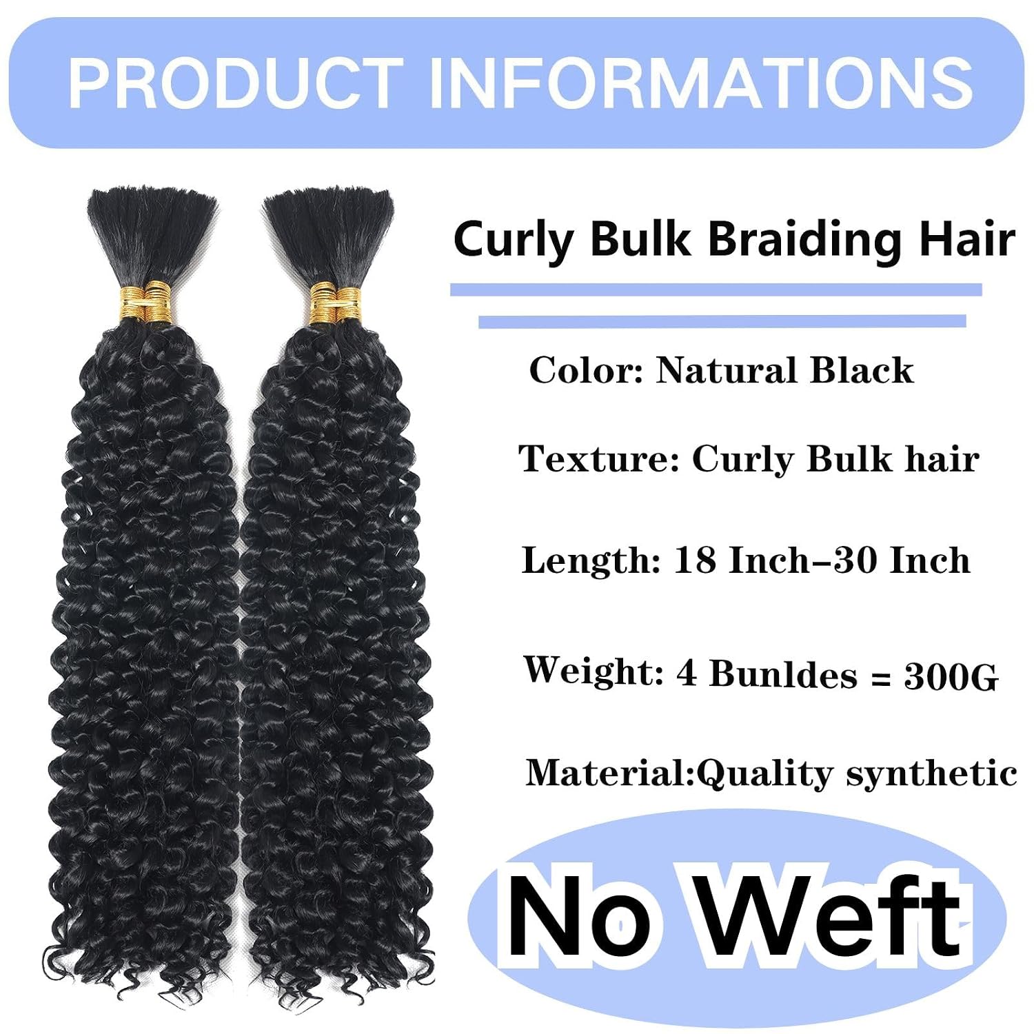 Curly Bulk hair No Weft 24Inch 310g Curly Wave Bulk Hair for Braiding Wet and Wave Quality Synthetic Braiding Hair Extensions for Boho Braids Micro Braiding (2Pack=4Bundles, 310g Natural Color)