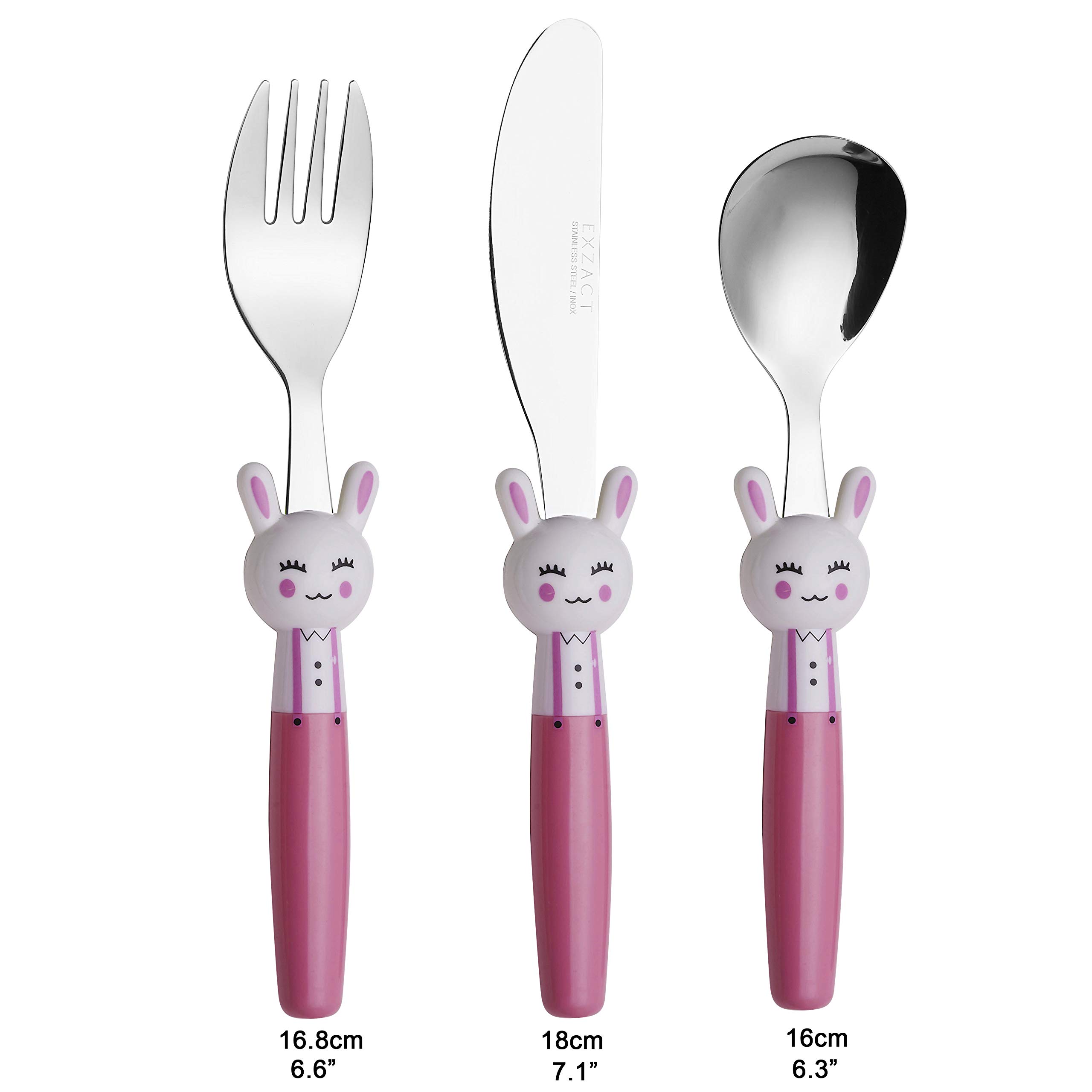 EXZACT 6 pc Kinder zestaw sztućców stal nierdzewna 24m+ królik | BPA bez do zmywarki łatwy chwyt Animal uchwyty Mealtimes At dom pokój dziecięcy podróż i Gifting